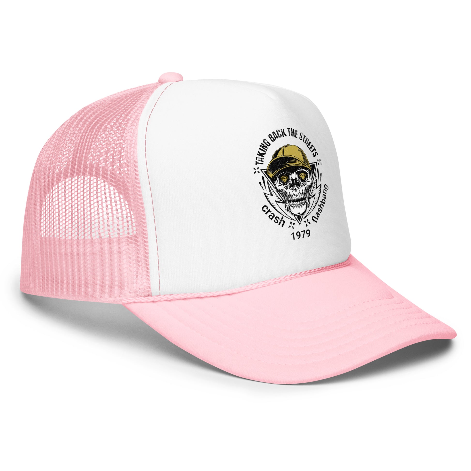 Pink and white trucker cap with skull design on a white background
