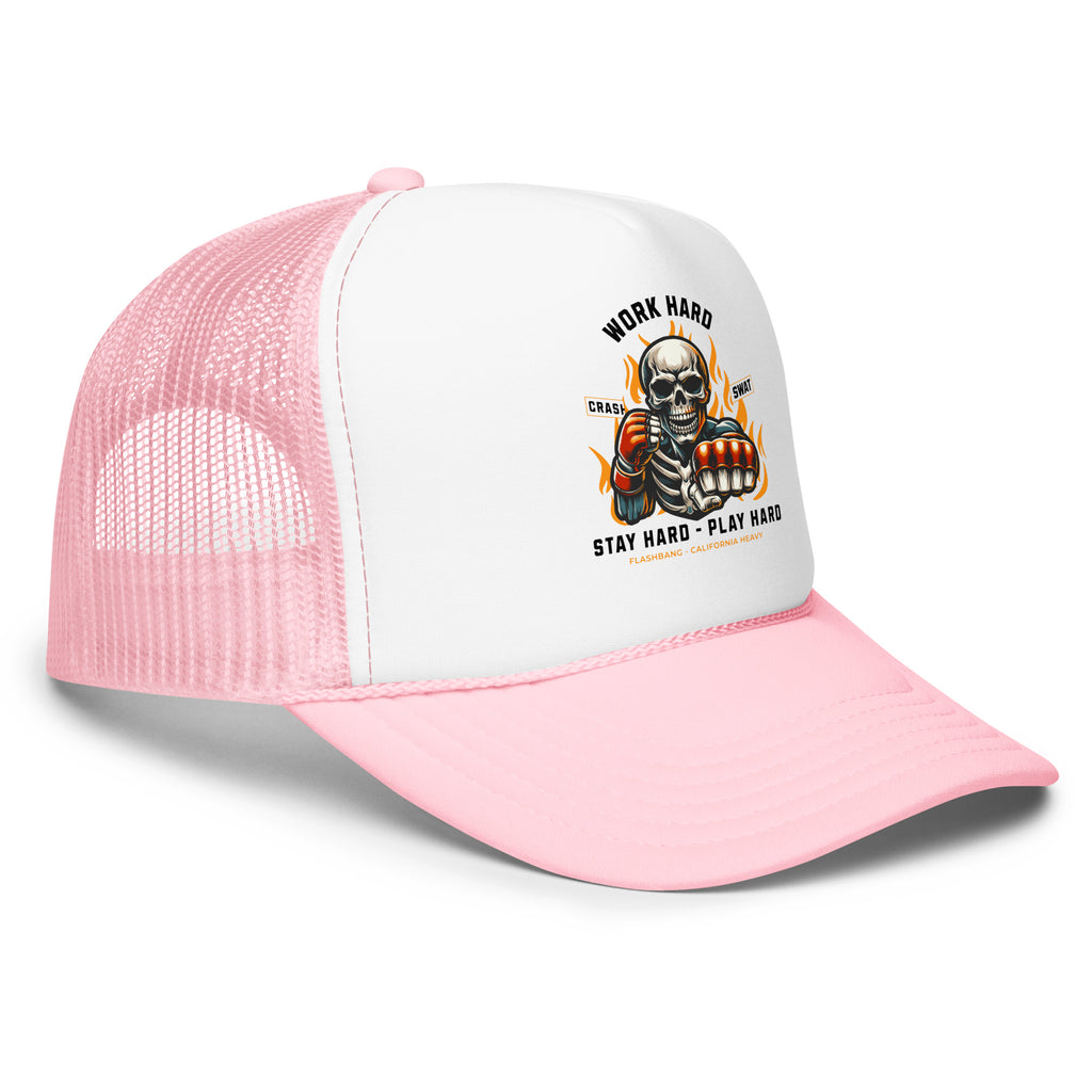 Pink and white trucker cap with a skull graphic and text on a white background