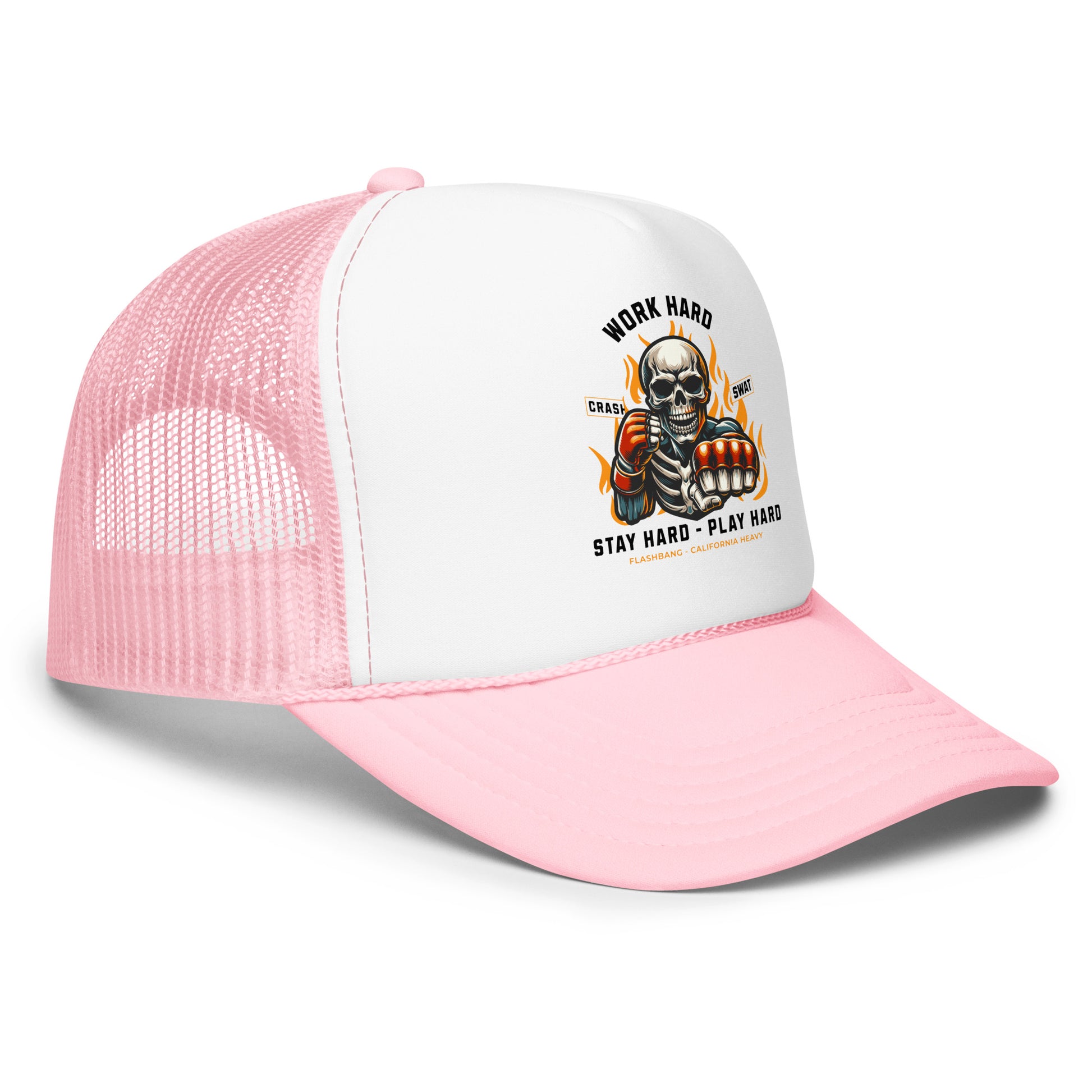 Pink and white trucker cap with a skull graphic and text on a white background