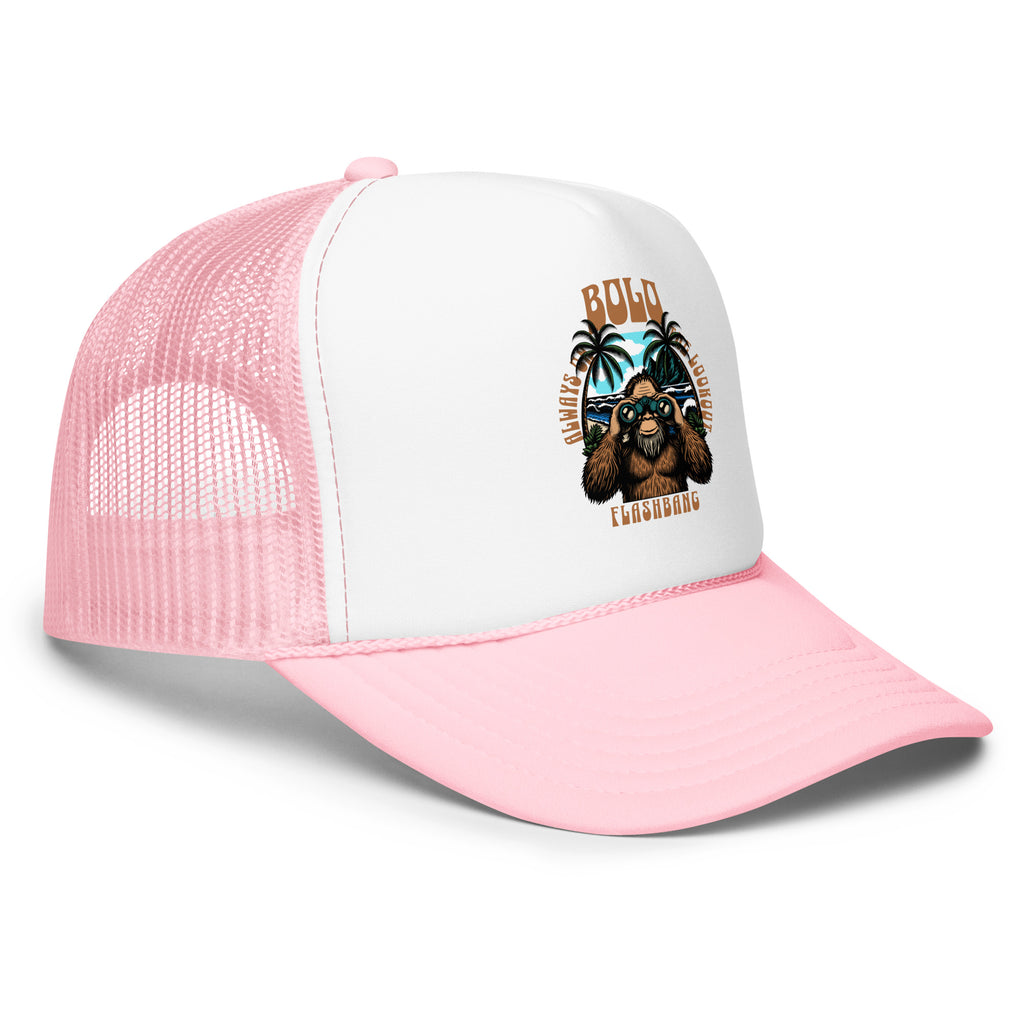 Pink and white trucker hat with a dog graphic and text on a white background