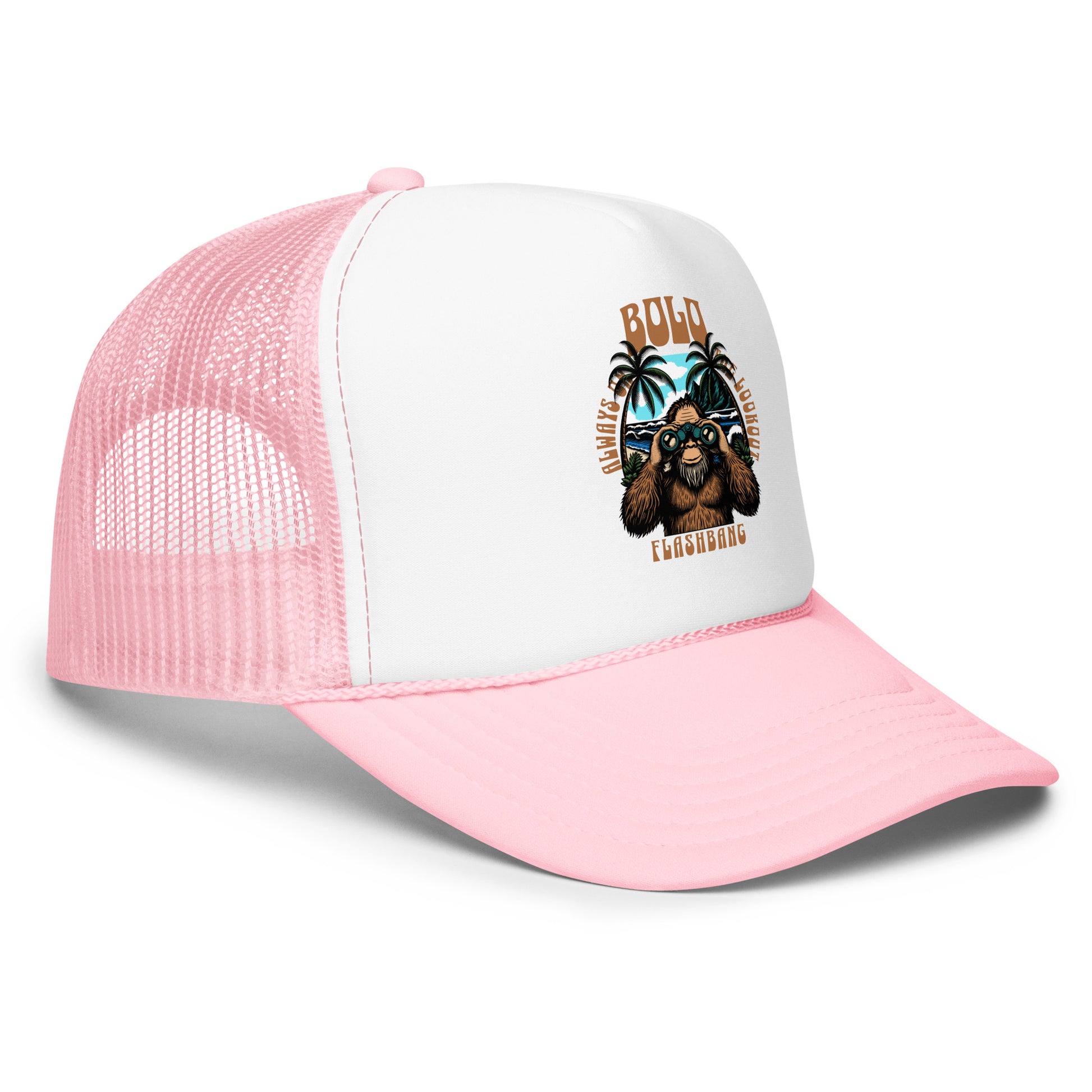 Pink and white trucker hat with a dog graphic and text on a white background