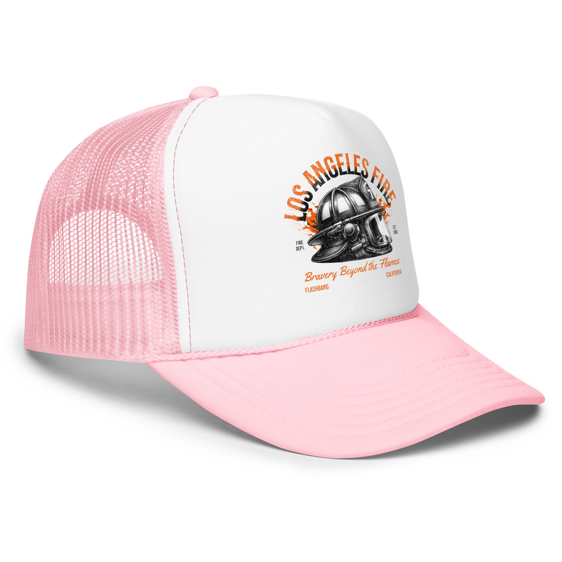 Pink and white trucker hat with 'Los Angeles Fire' design on a white background