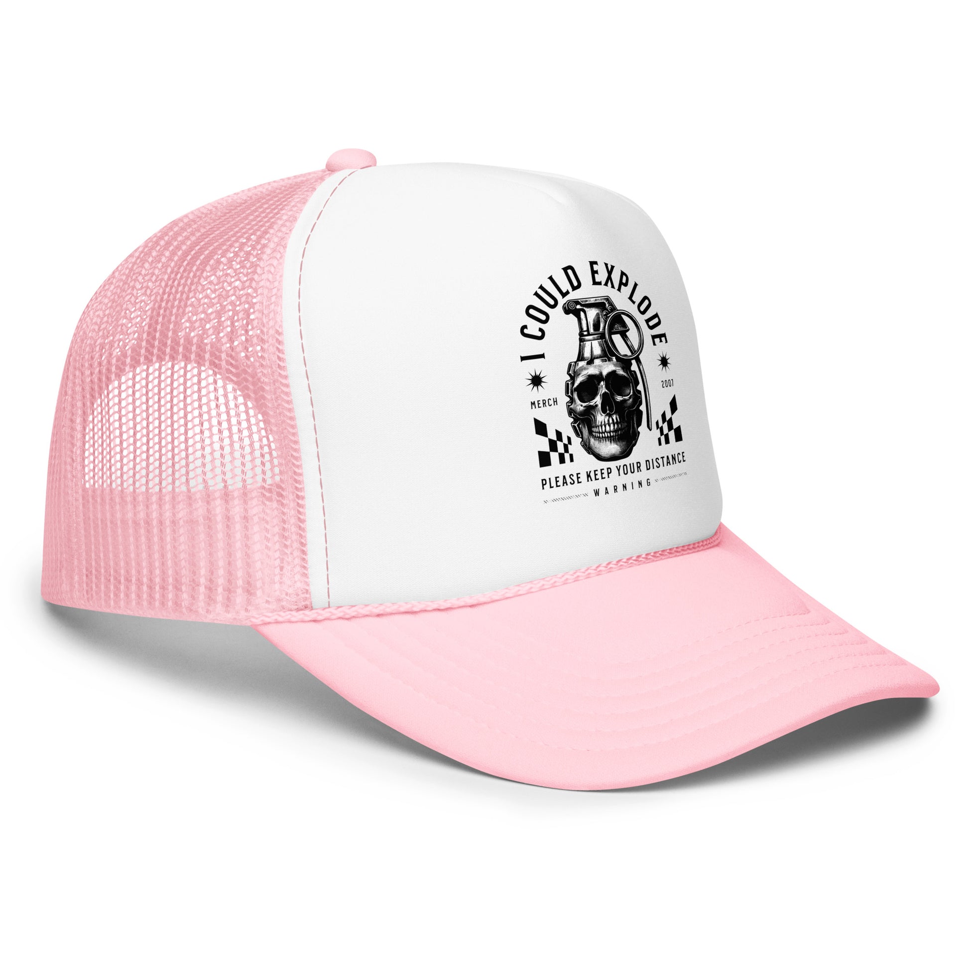 Pink and white trucker cap with graphic design on a white background