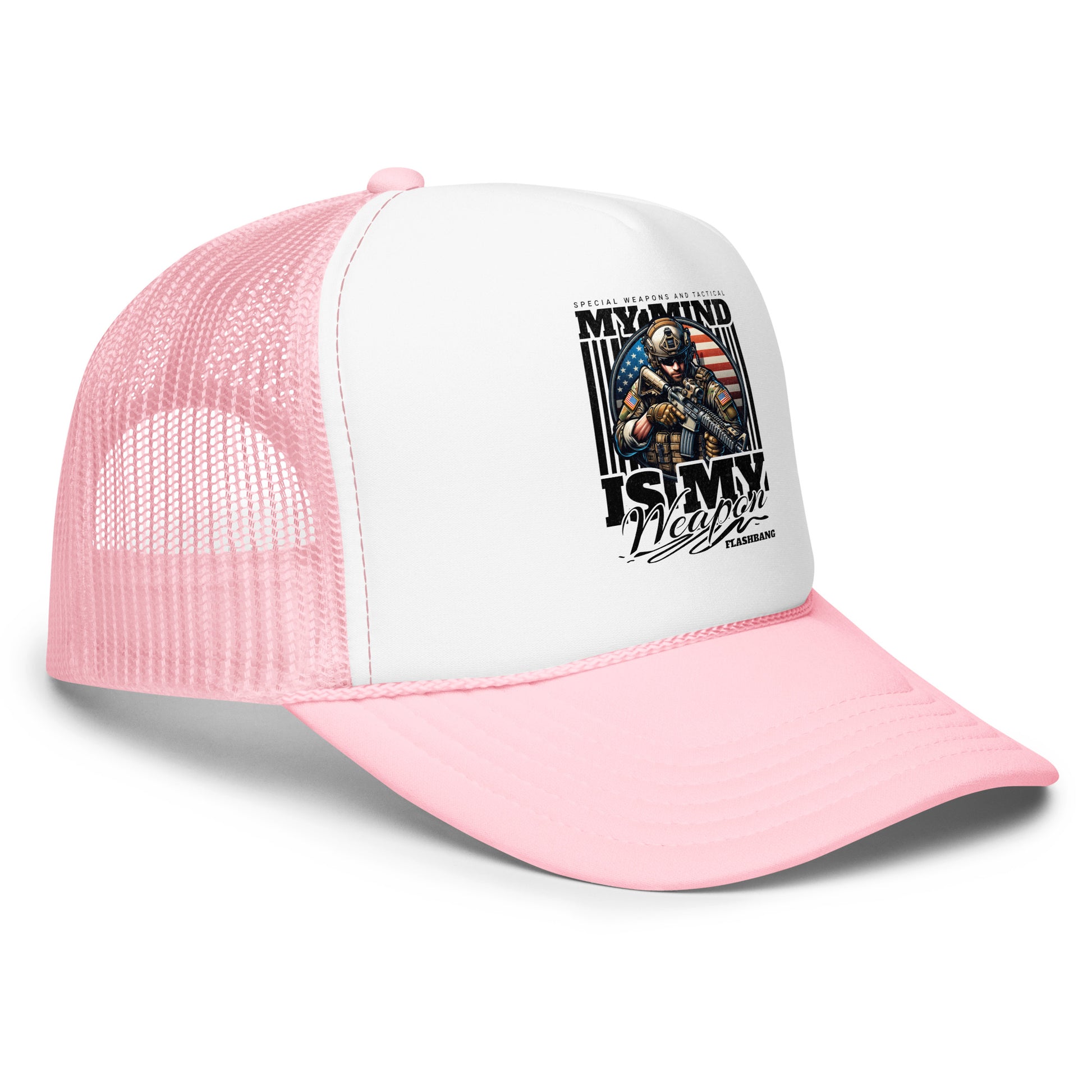 Pink and white trucker hat with graphic design on a white background