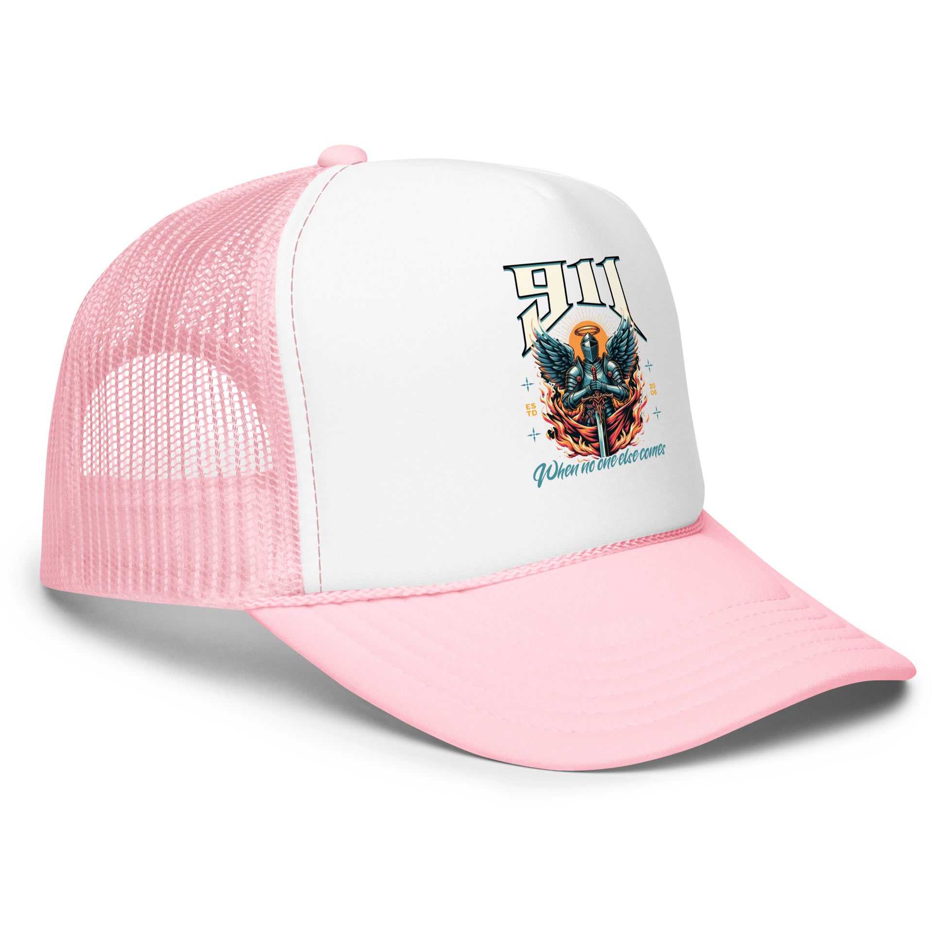 Pink and white trucker cap with graphic design on a white background