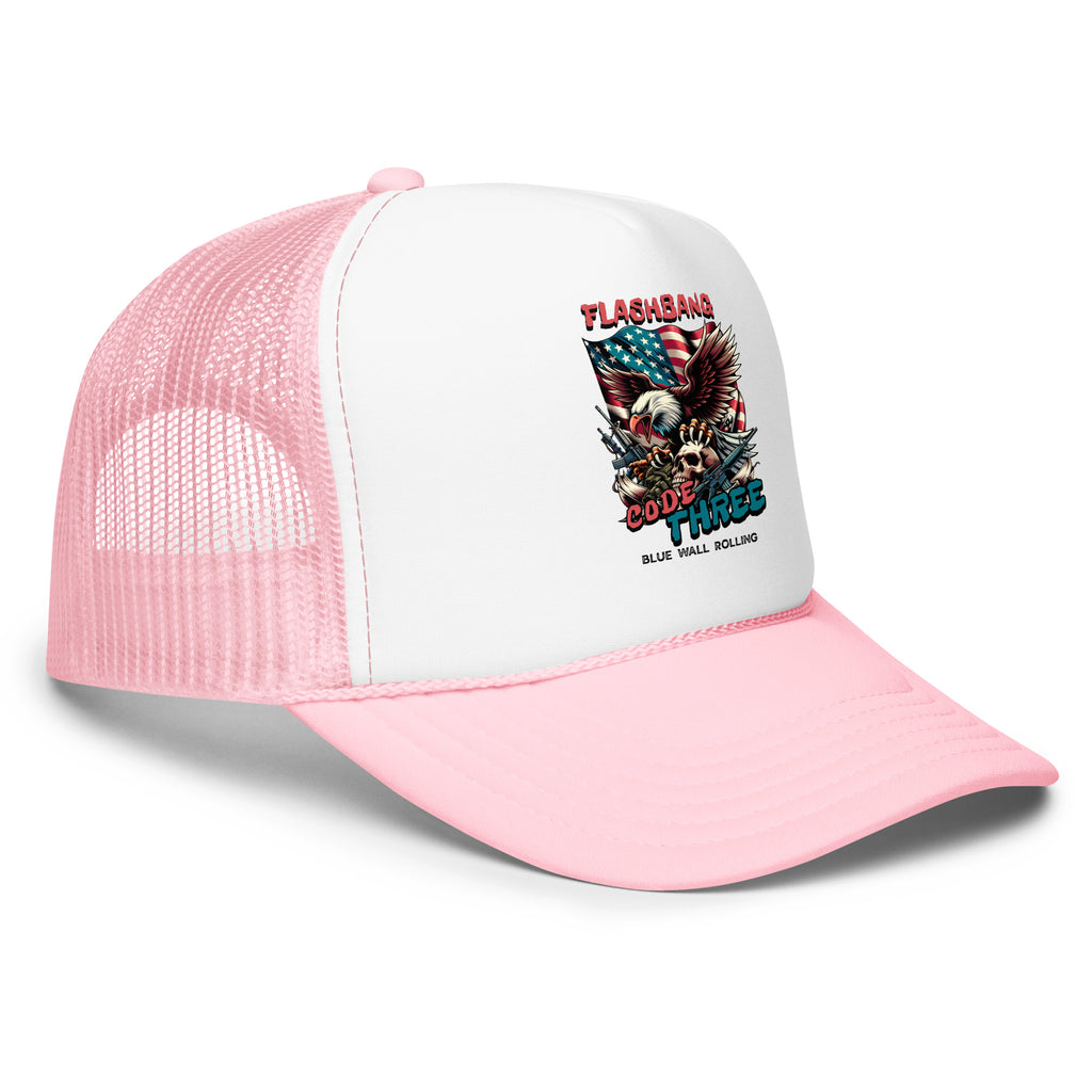 Pink and white trucker hat with graphic design on a white background