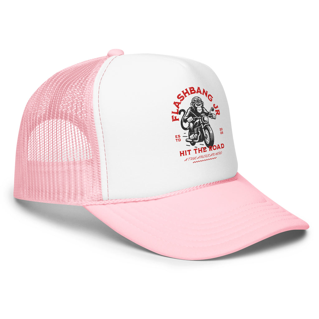 Pink and white trucker hat with graphic design on a white background
