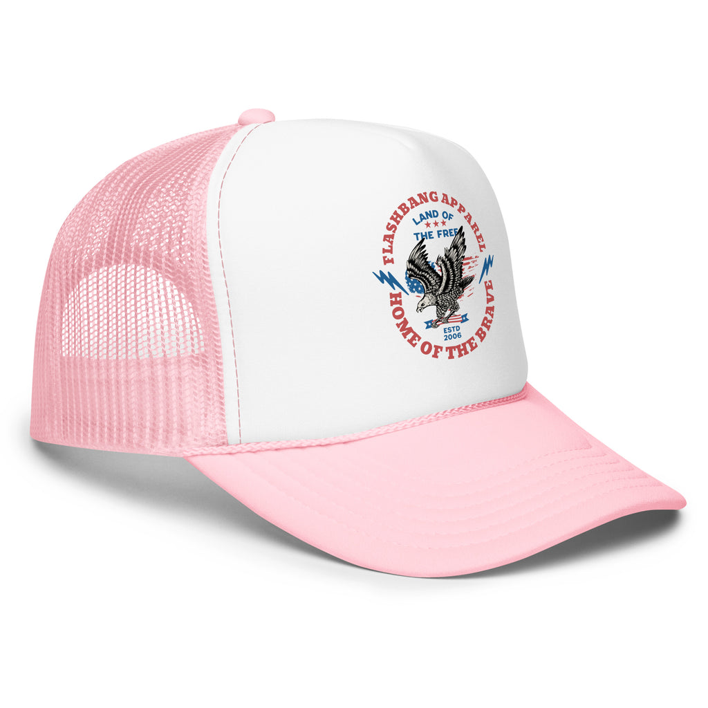 Pink and white trucker hat with an eagle emblem on a white background