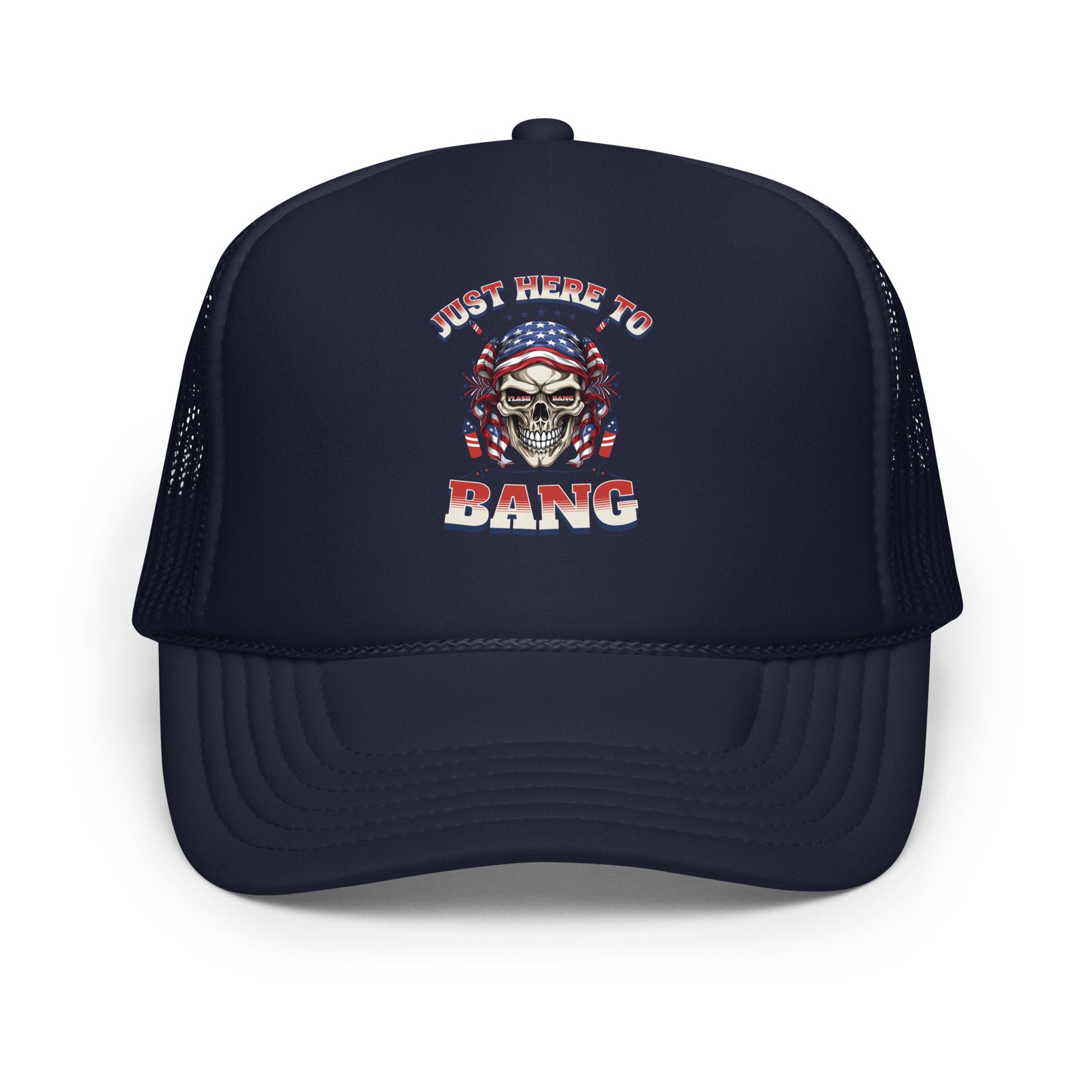 Navy blue trucker hat with skull and text design on a white background