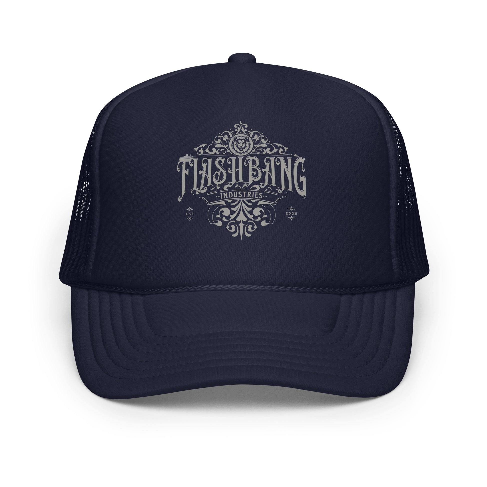 Navy blue trucker hat with 'Flashbang Industries' logo on a white background