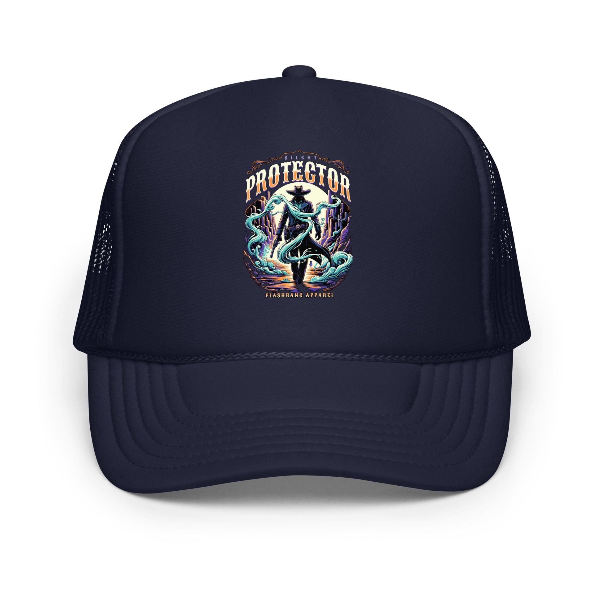 Navy blue trucker cap with graphic design on a white background
