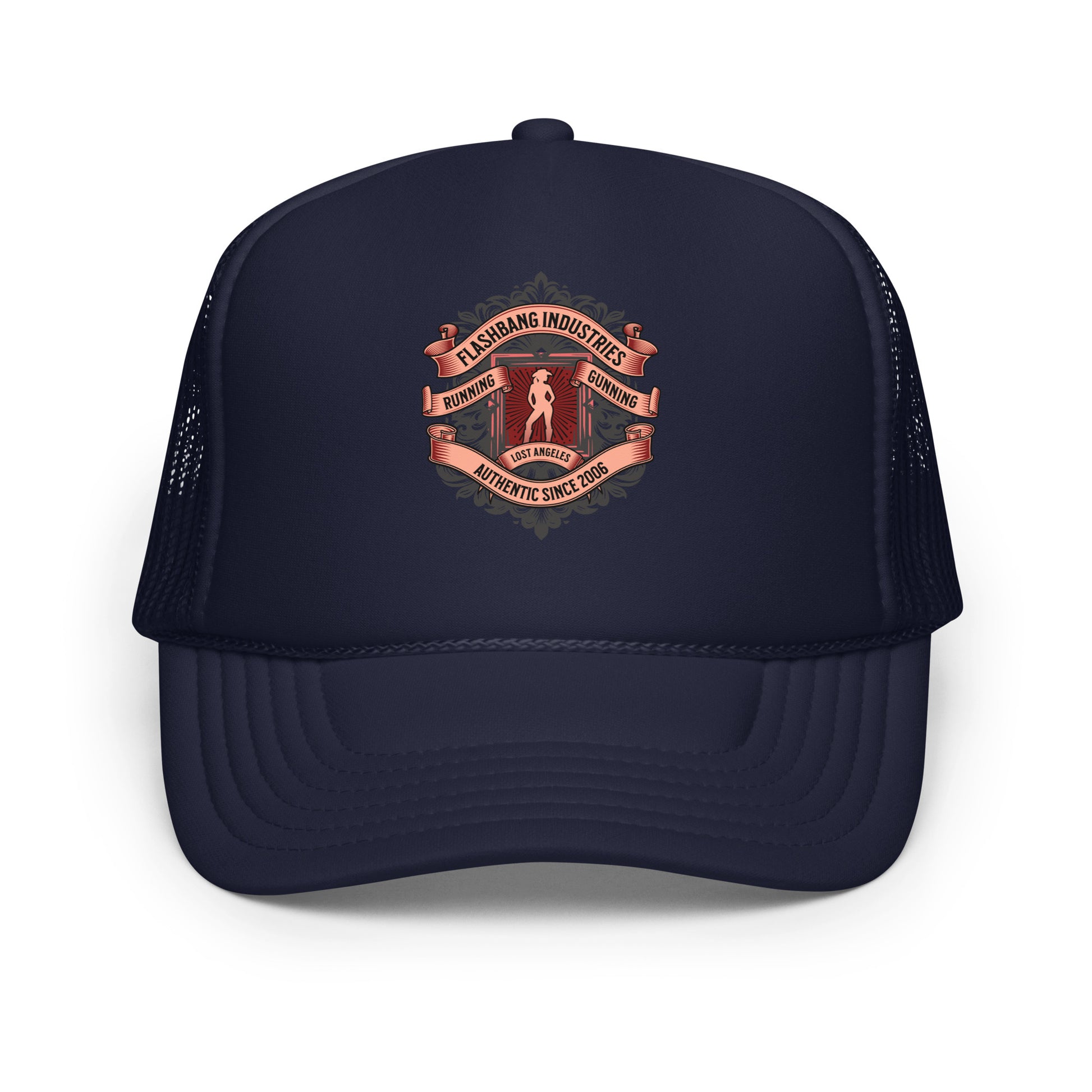 Navy blue trucker cap with a logo on a white background