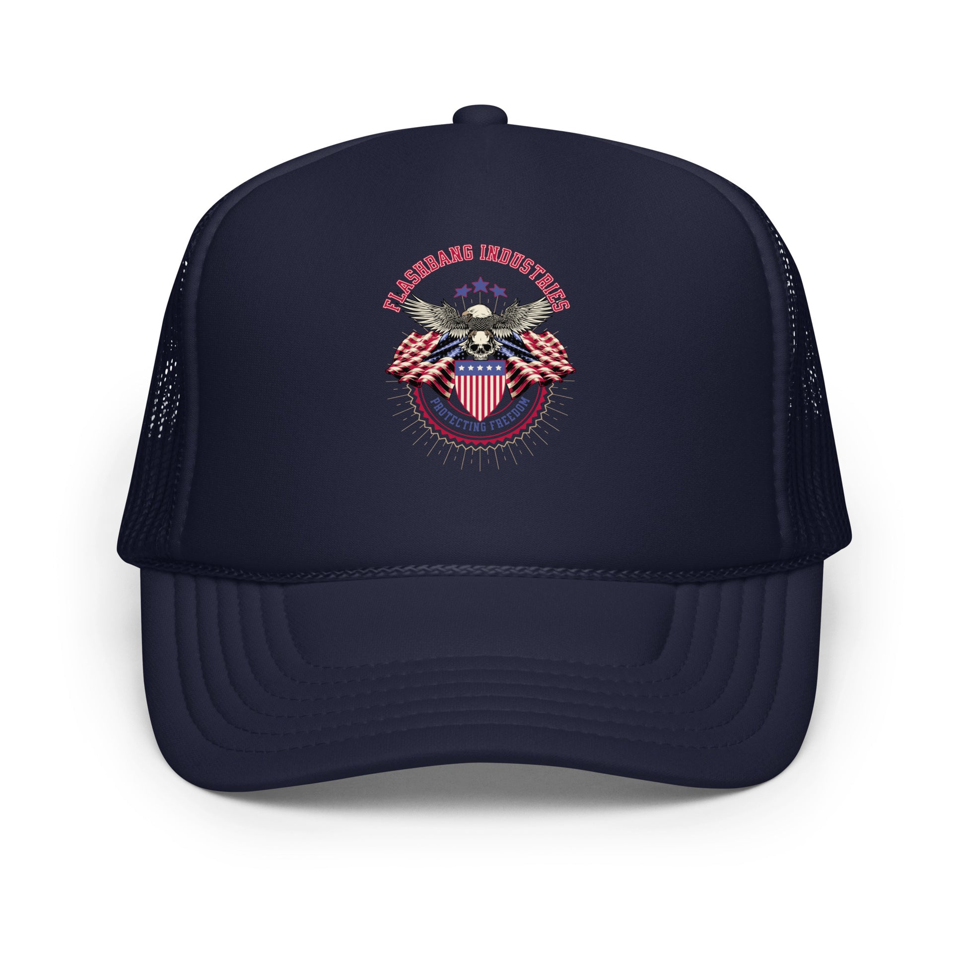 Navy blue trucker hat with an eagle and shield emblem on a white background