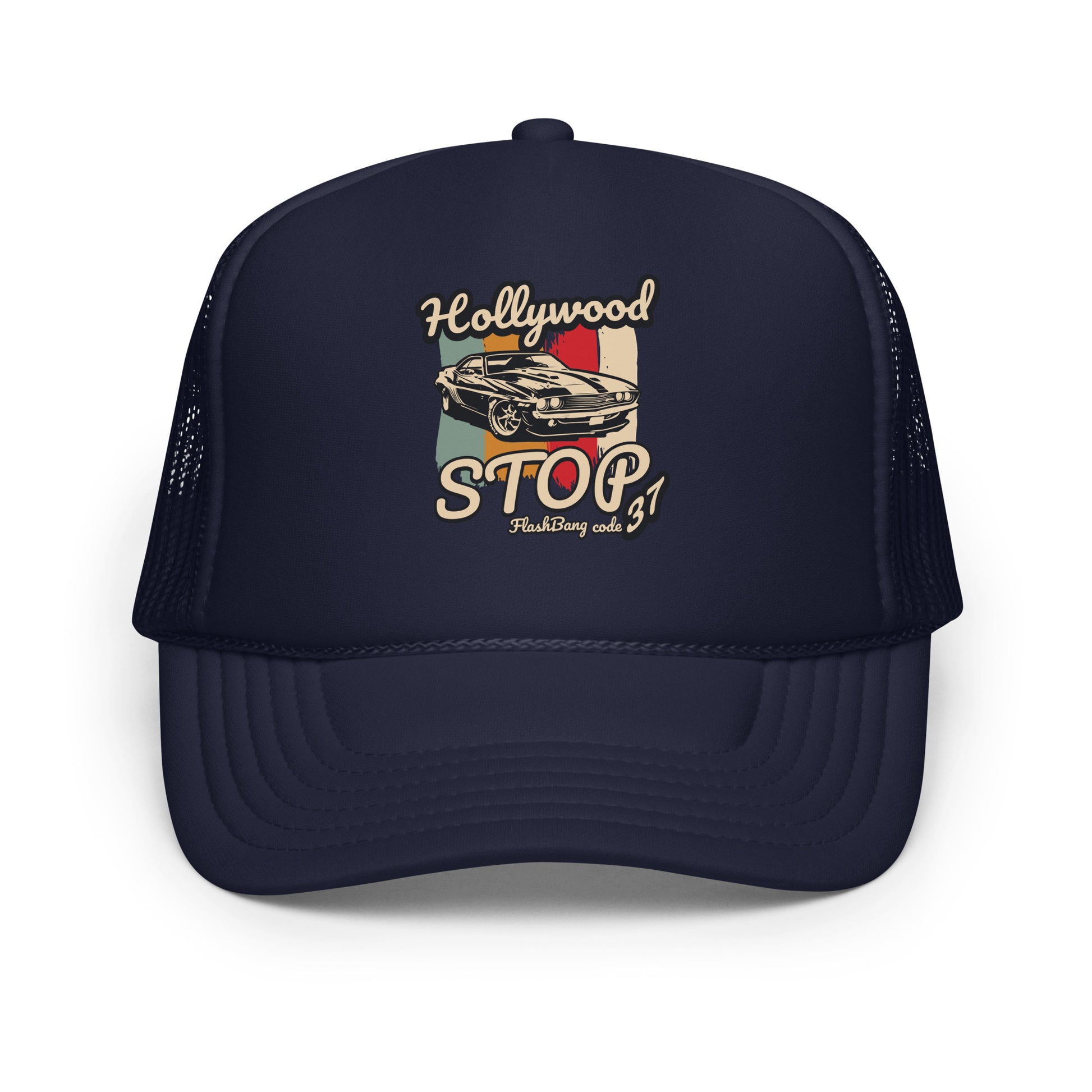 Navy blue trucker hat with 'Hollywood Stag' graphic on a white background