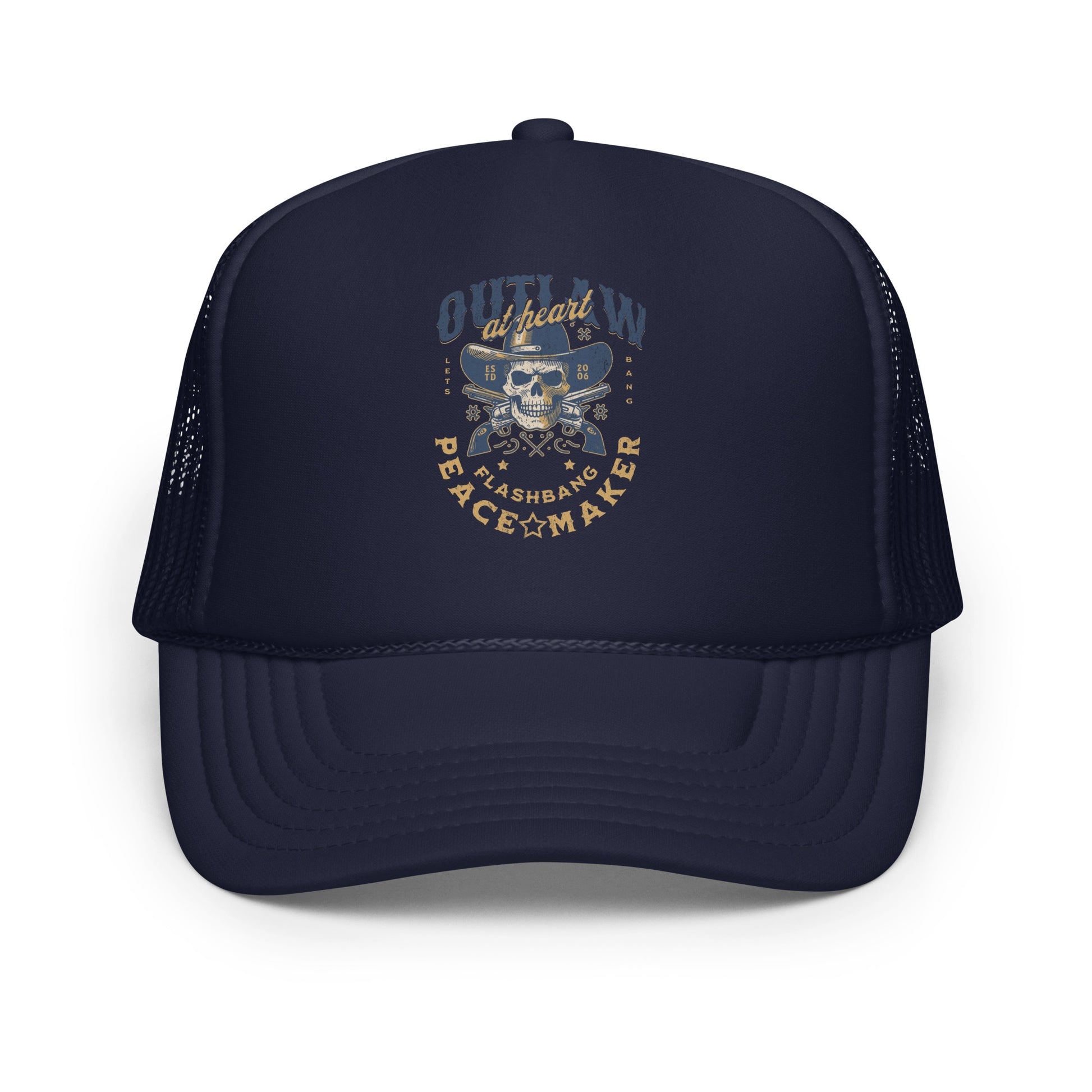 Navy blue trucker hat with skull design and text on a white background