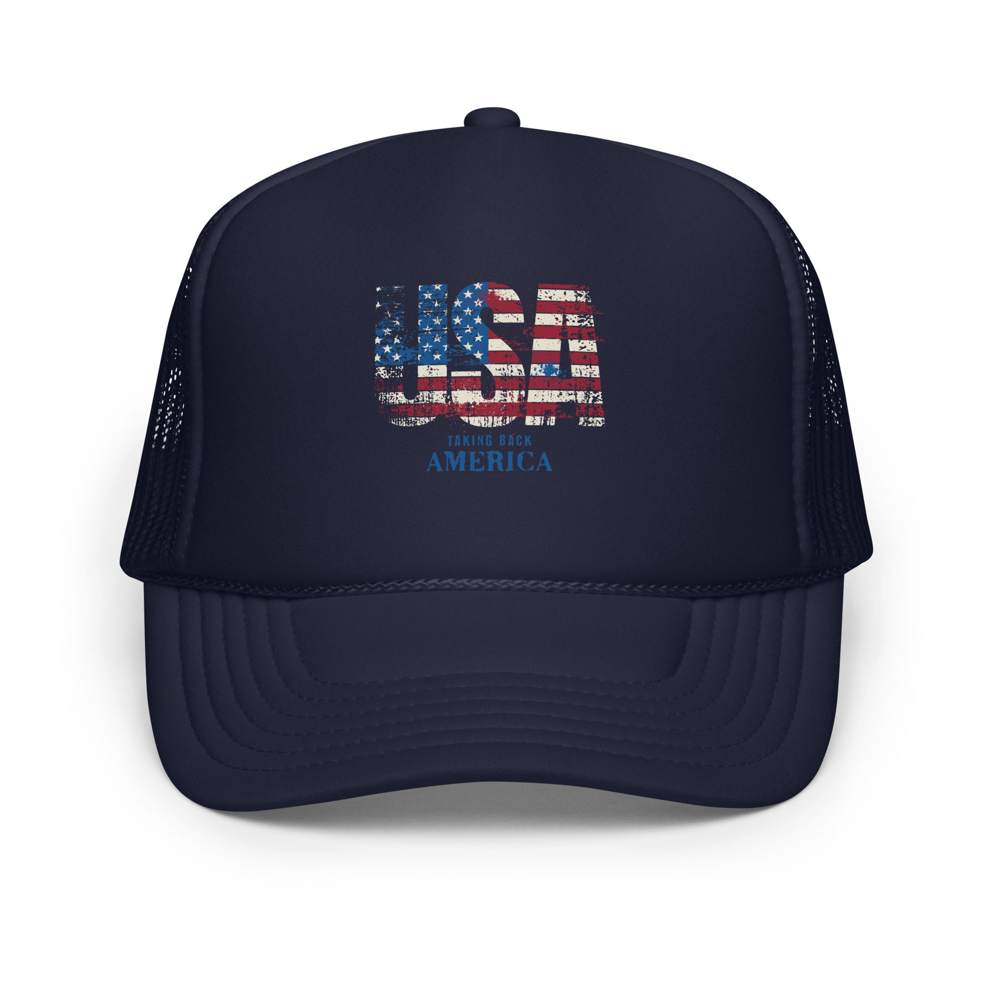 Navy blue trucker hat with American flag design on a white background