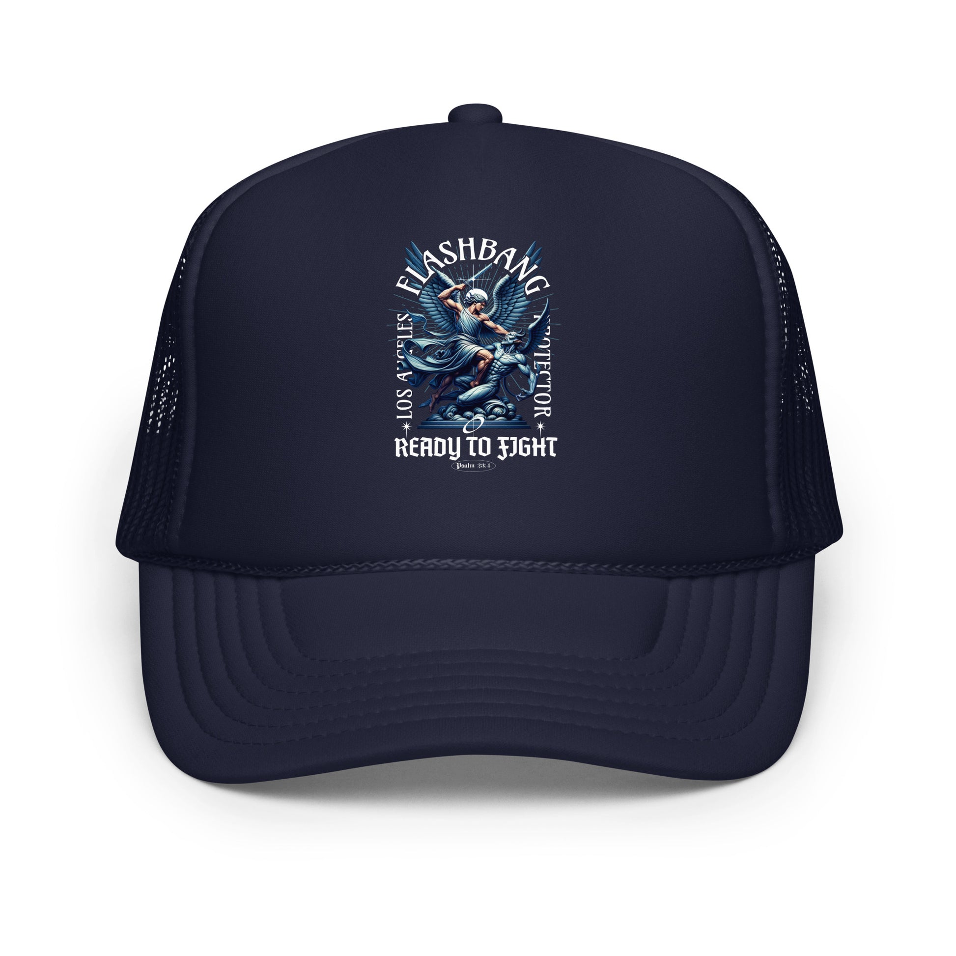 Navy blue trucker hat with graphic design and text on a white background