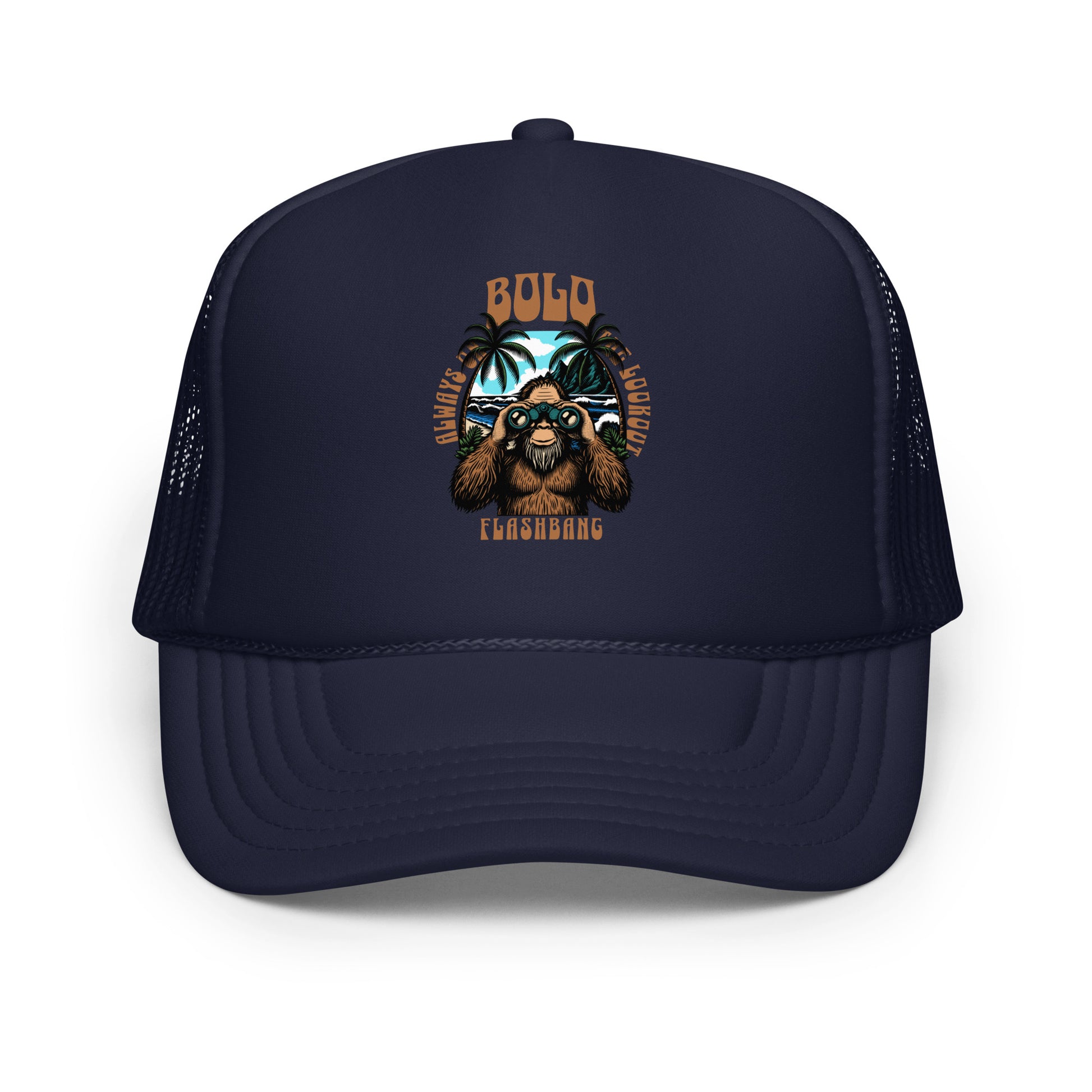 Navy blue trucker hat with a bear graphic and text on a white background