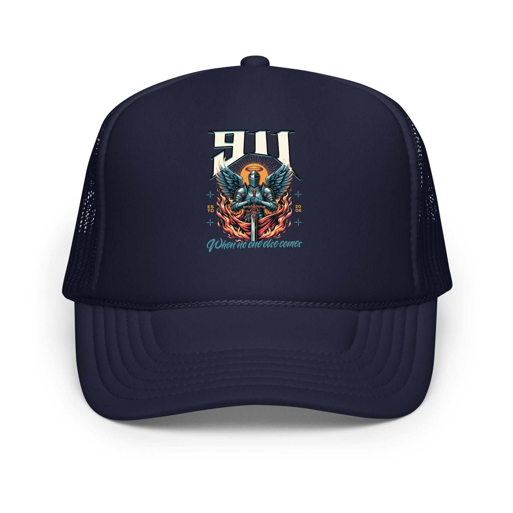 Navy blue trucker hat with a colorful graphic design on a white background