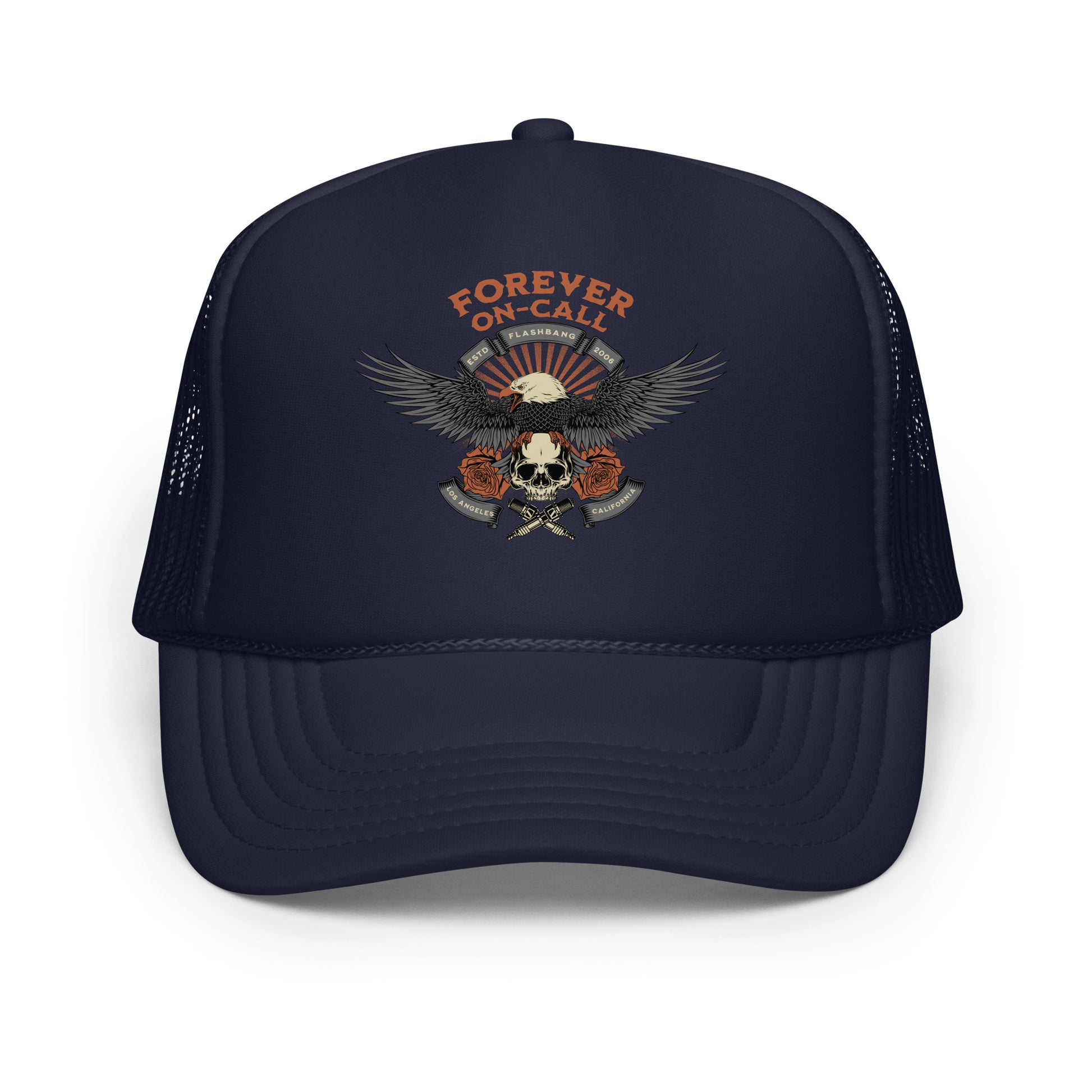 Navy blue trucker hat with an eagle and skull design and 'Forever On Call' text on a white background.