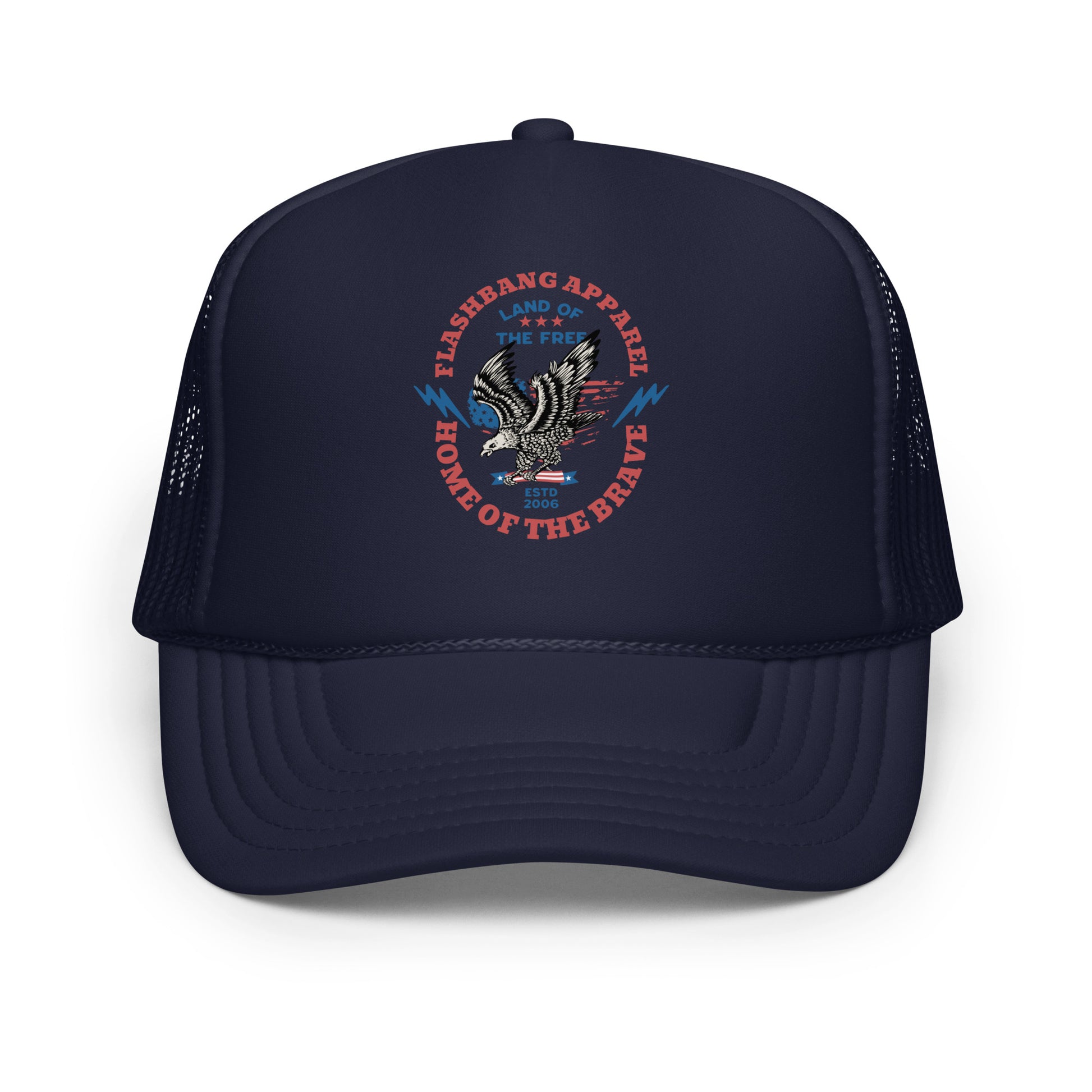 Navy blue trucker hat with a graphic design on a white background