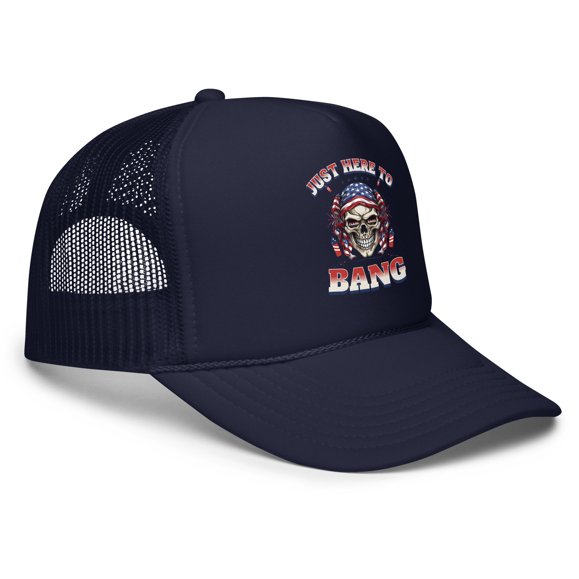 Navy blue trucker cap with skull and text design on a white background
