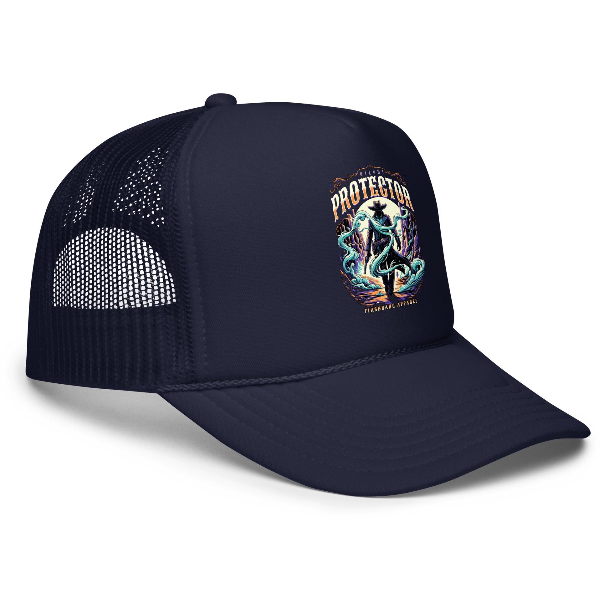 Navy blue trucker cap with a graphic design on a white background
