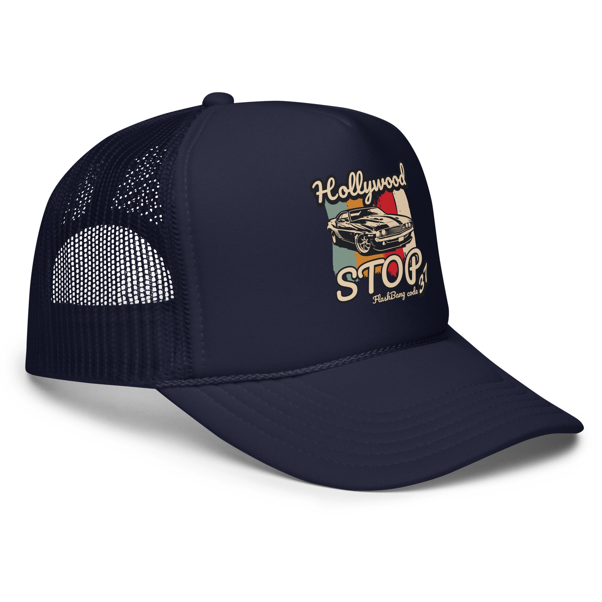 Navy blue trucker cap with 'Hollywood Stop' graphic on a white background