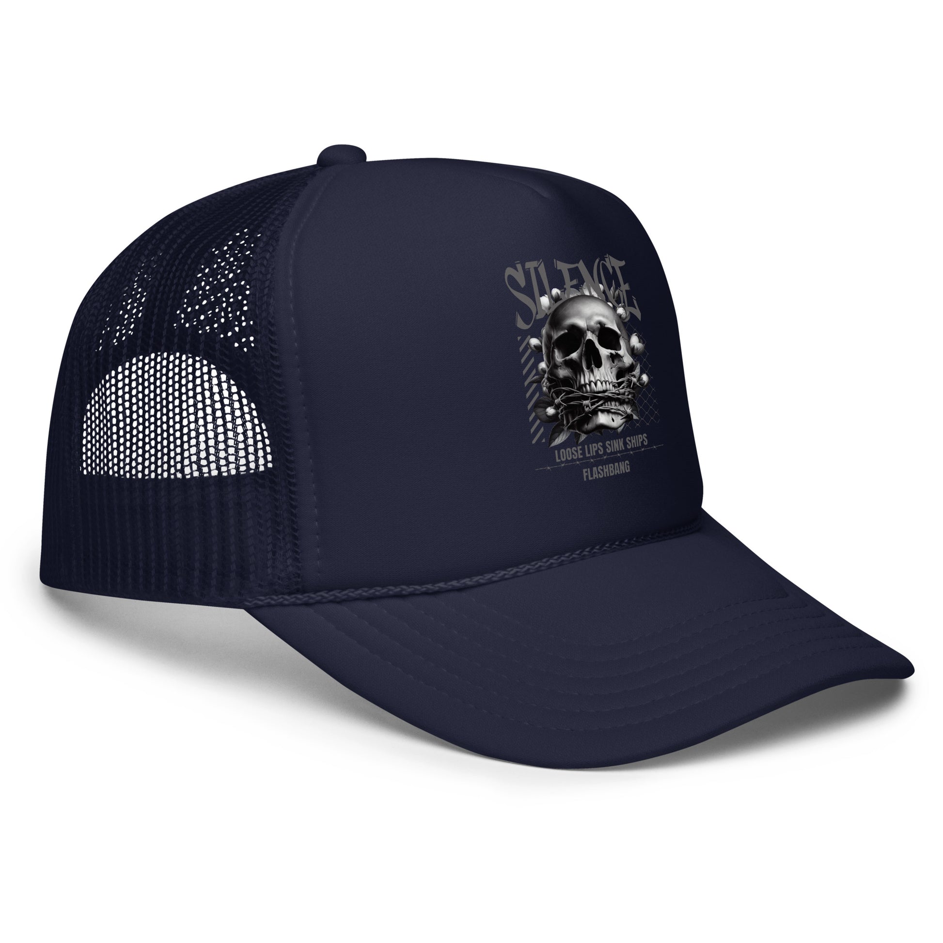 Navy blue trucker cap with skull design and text on a white background
