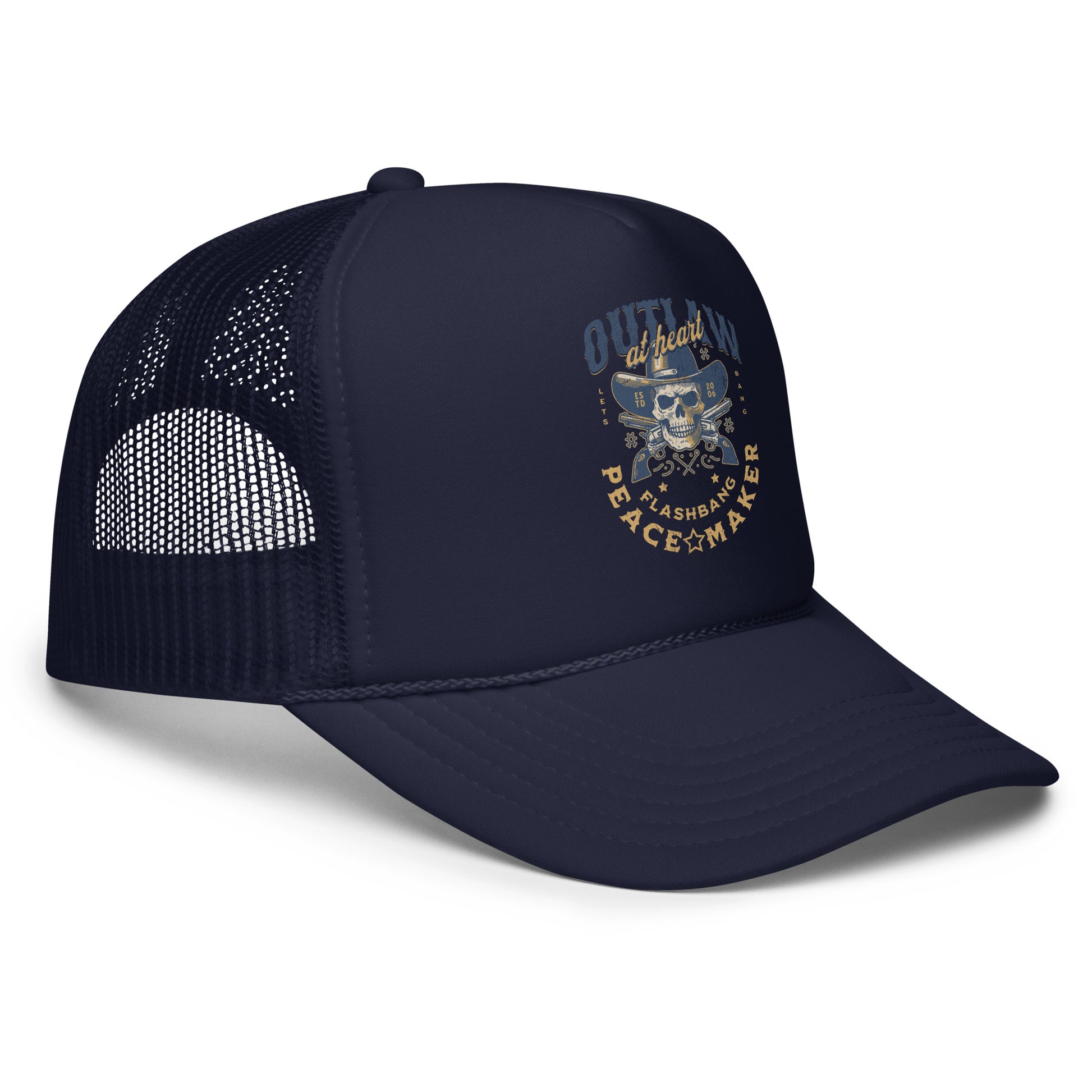 Navy blue trucker cap with mesh back and graphic design on a white background