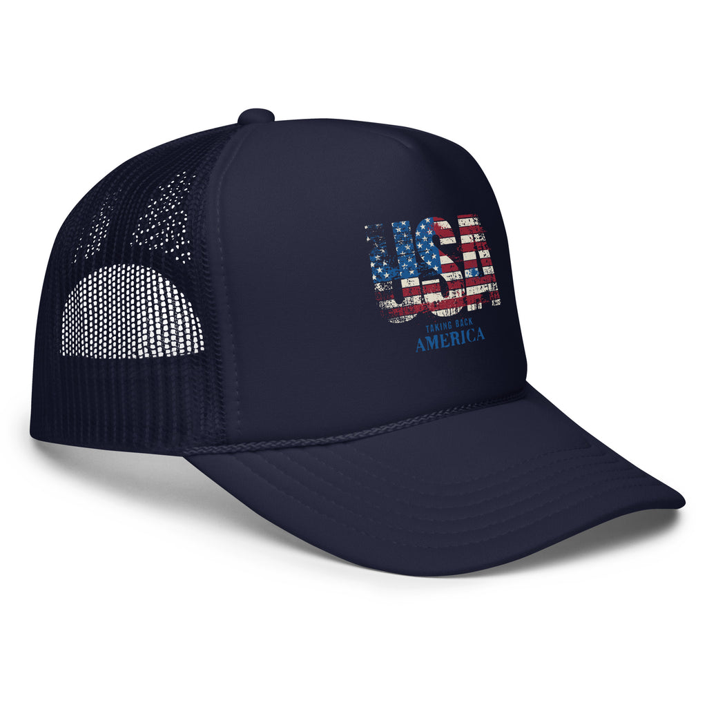 Navy blue cap with American flag design on a white background