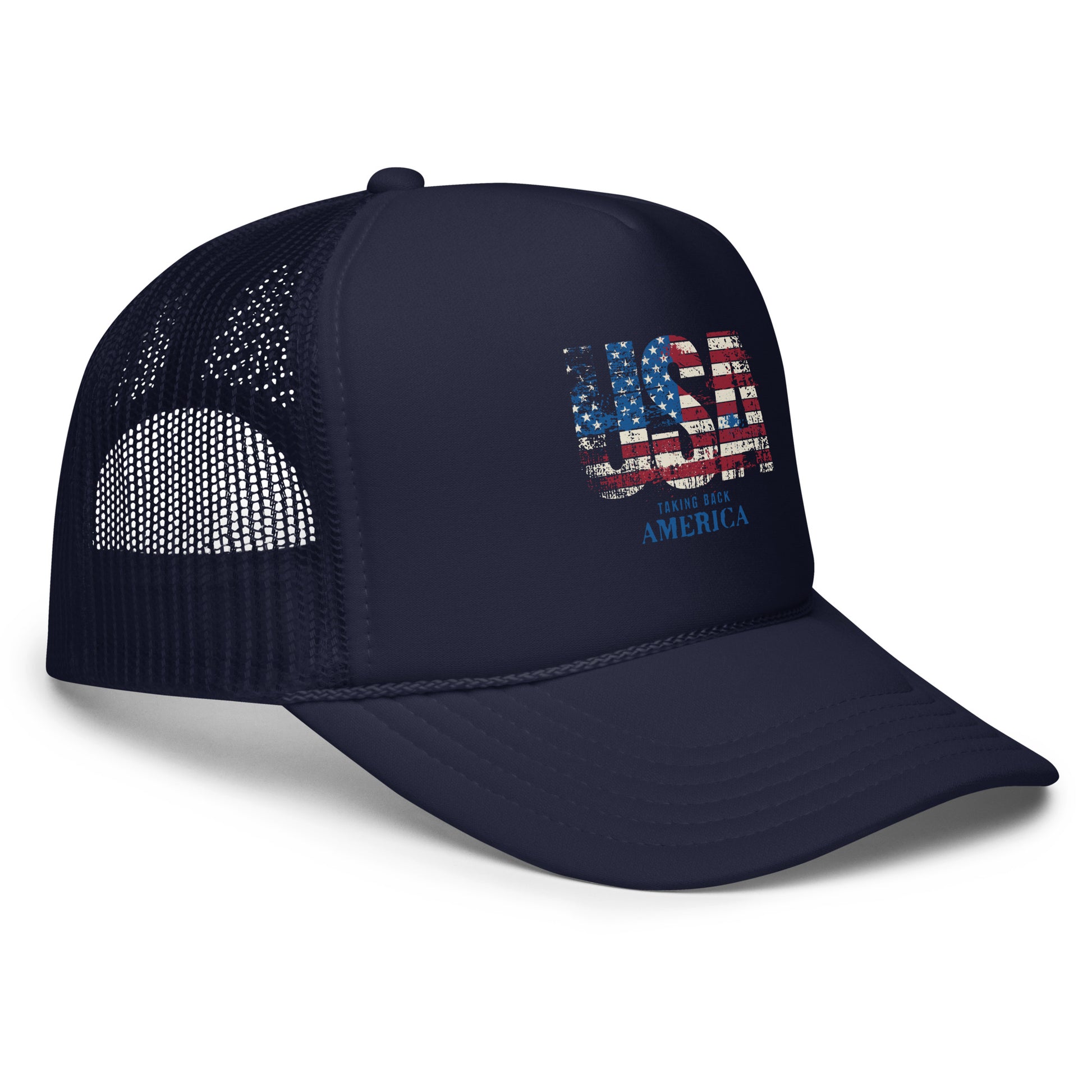 Navy blue cap with American flag design on a white background