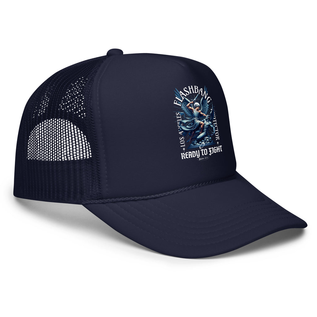 Navy blue cap with mesh back and graphic design on a white background
