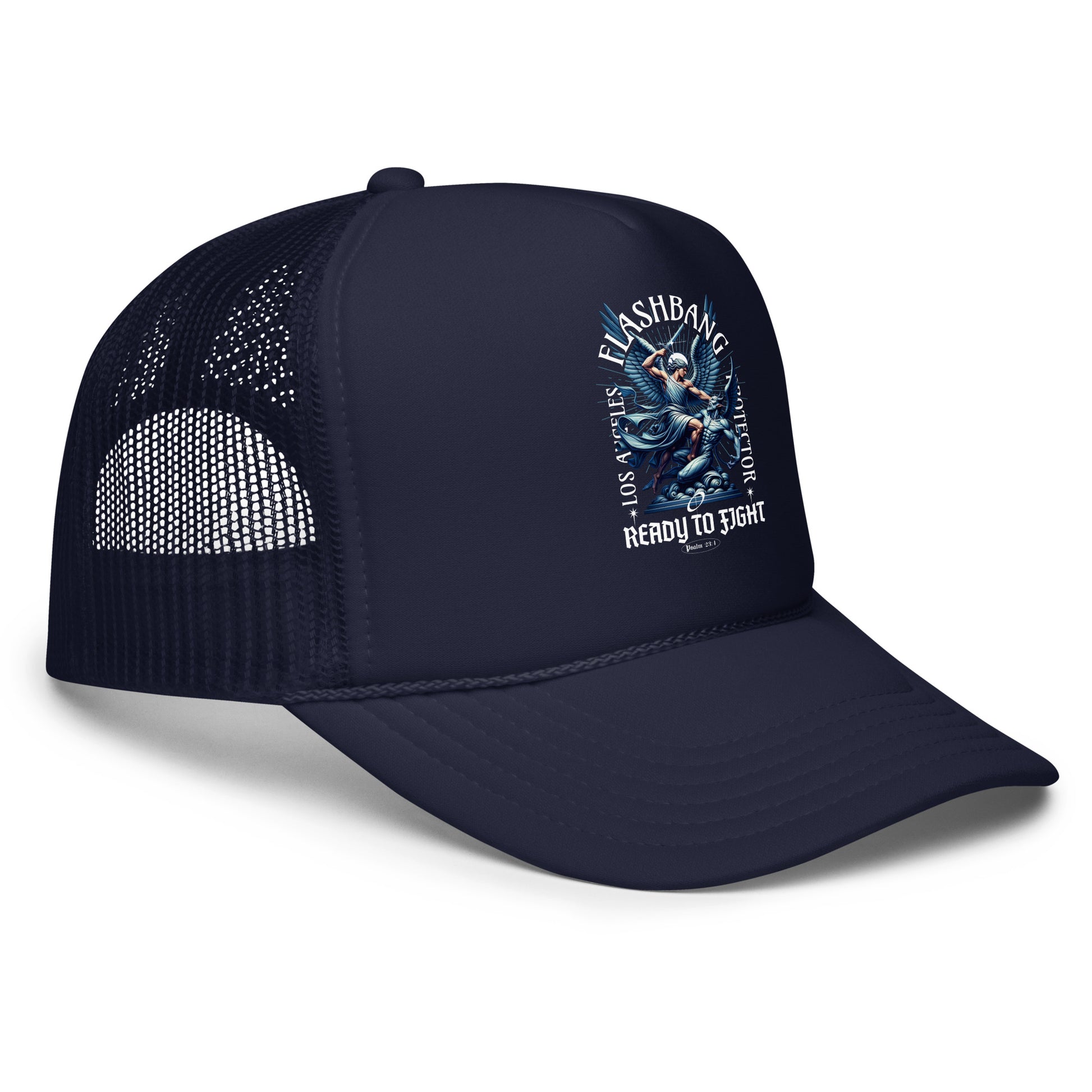 Navy blue cap with mesh back and graphic design on a white background
