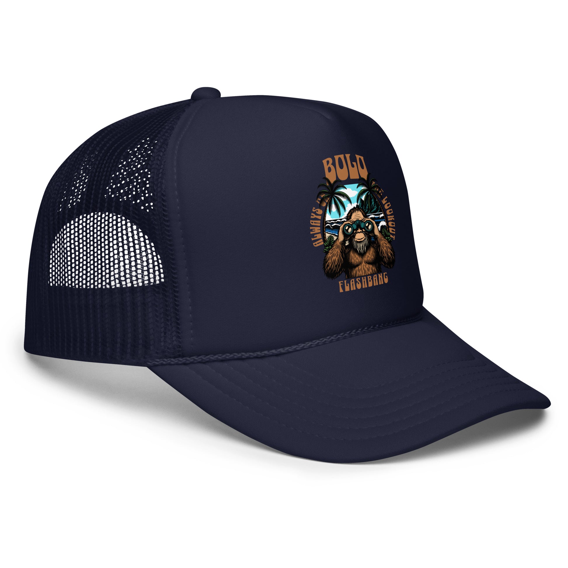 Navy blue trucker cap with a bear and palm tree design on a white background