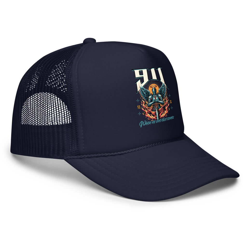 Navy blue trucker cap with a graphic design on a white background