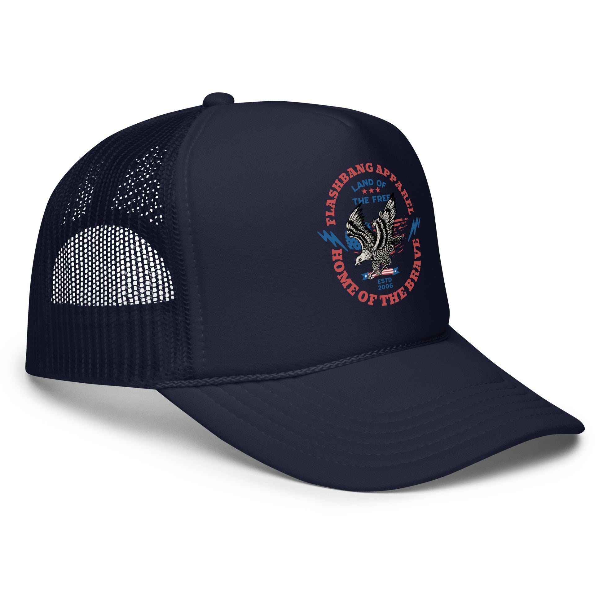 Navy blue cap with mesh back and eagle emblem on a white background