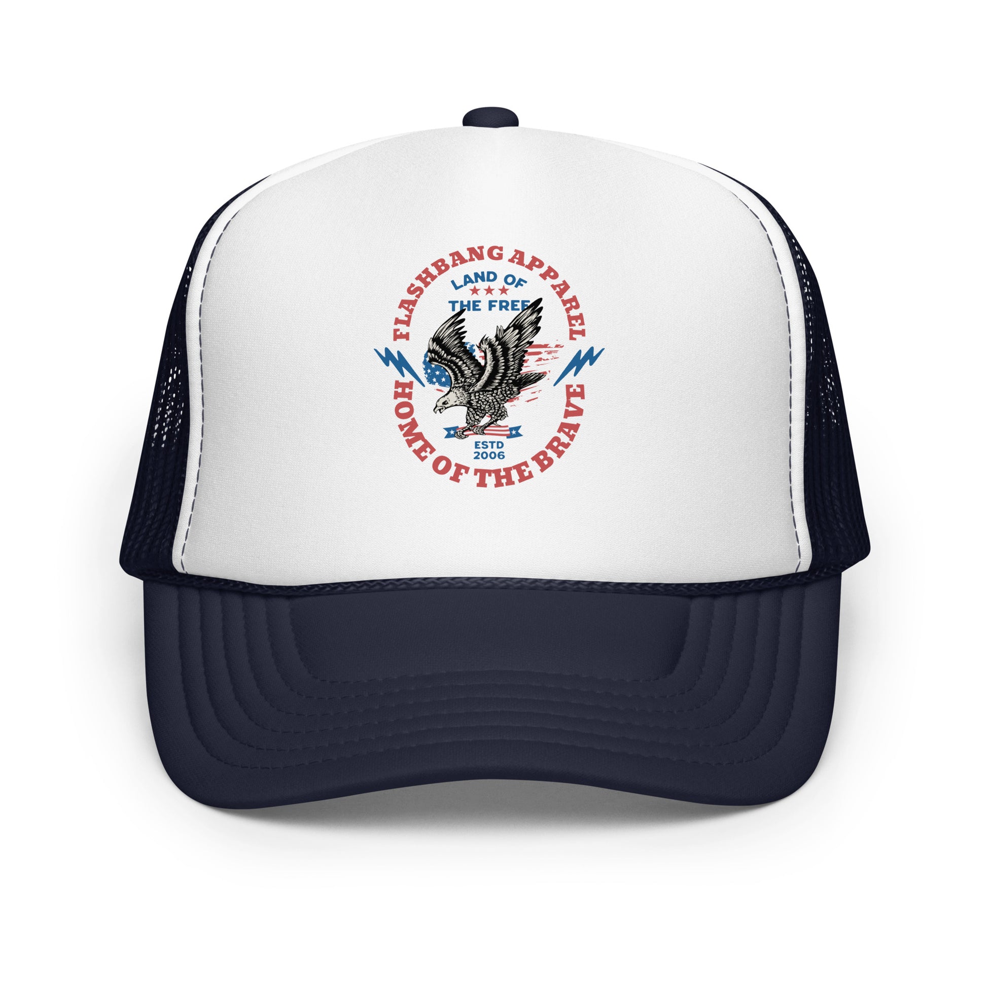 Trucker hat with eagle design and text on a white background