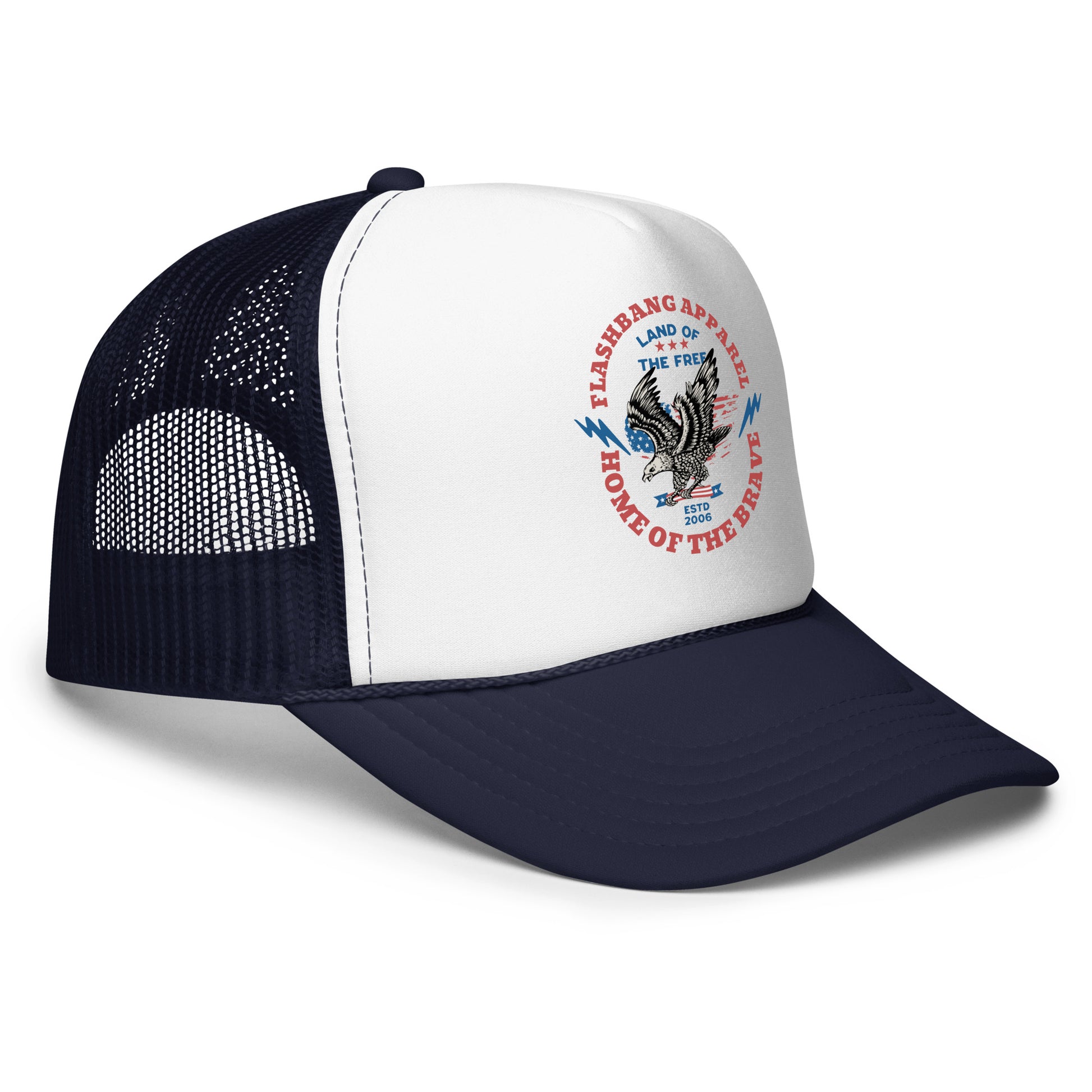 Navy and white trucker hat with an eagle design on a white background