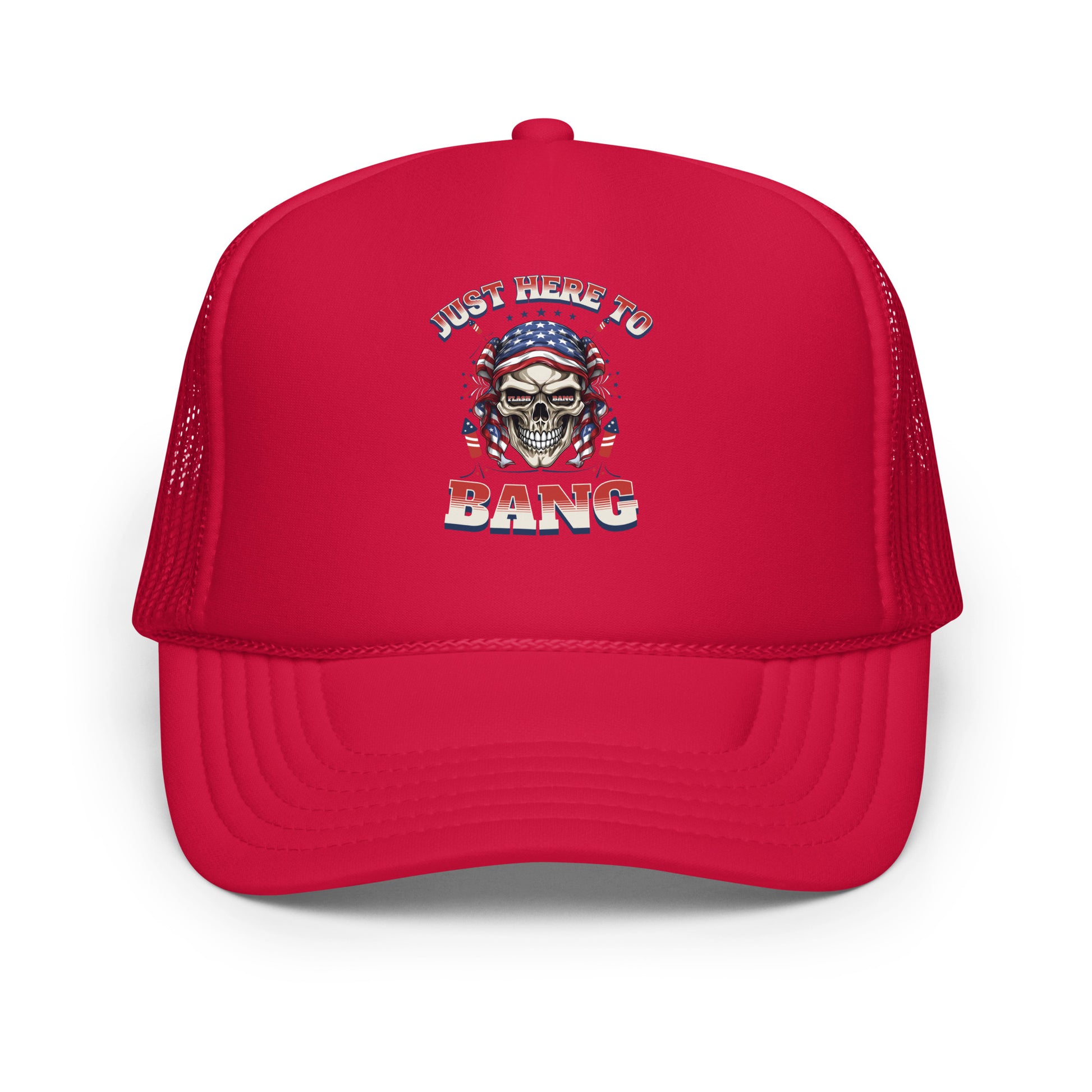 Red trucker hat with skull design and text on a white background