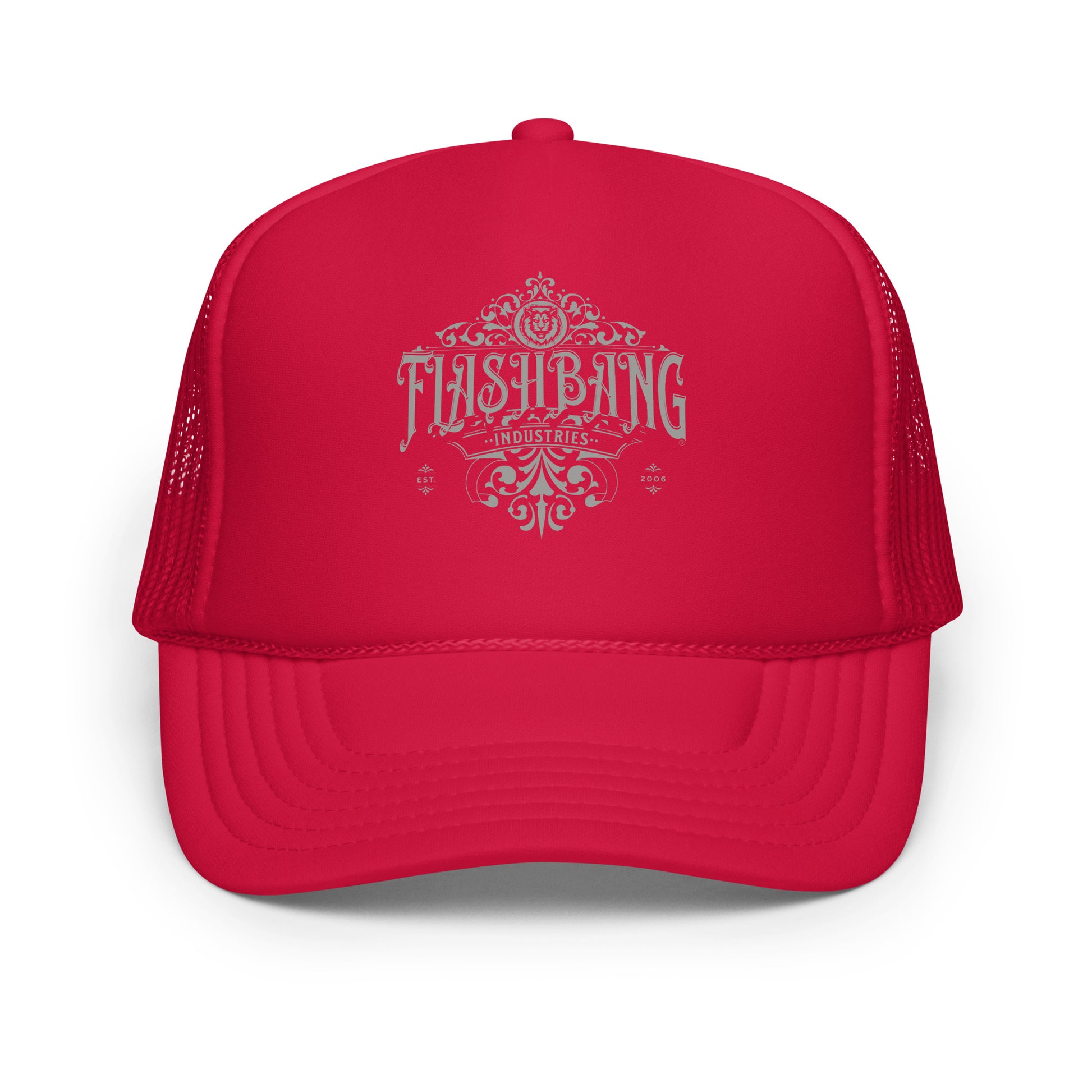 Red trucker hat with 'Flashbang Industries' logo on a white background