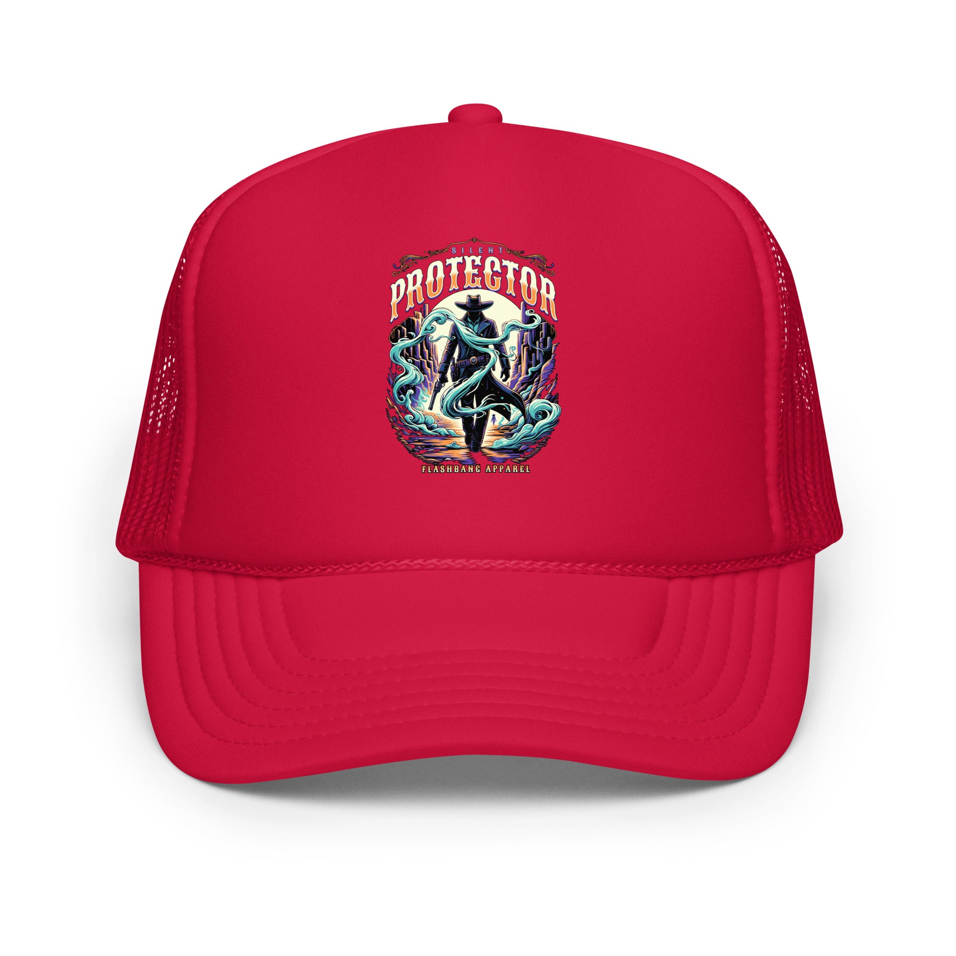 Red trucker hat with graphic design and 'PROTECTOR' text on a white background