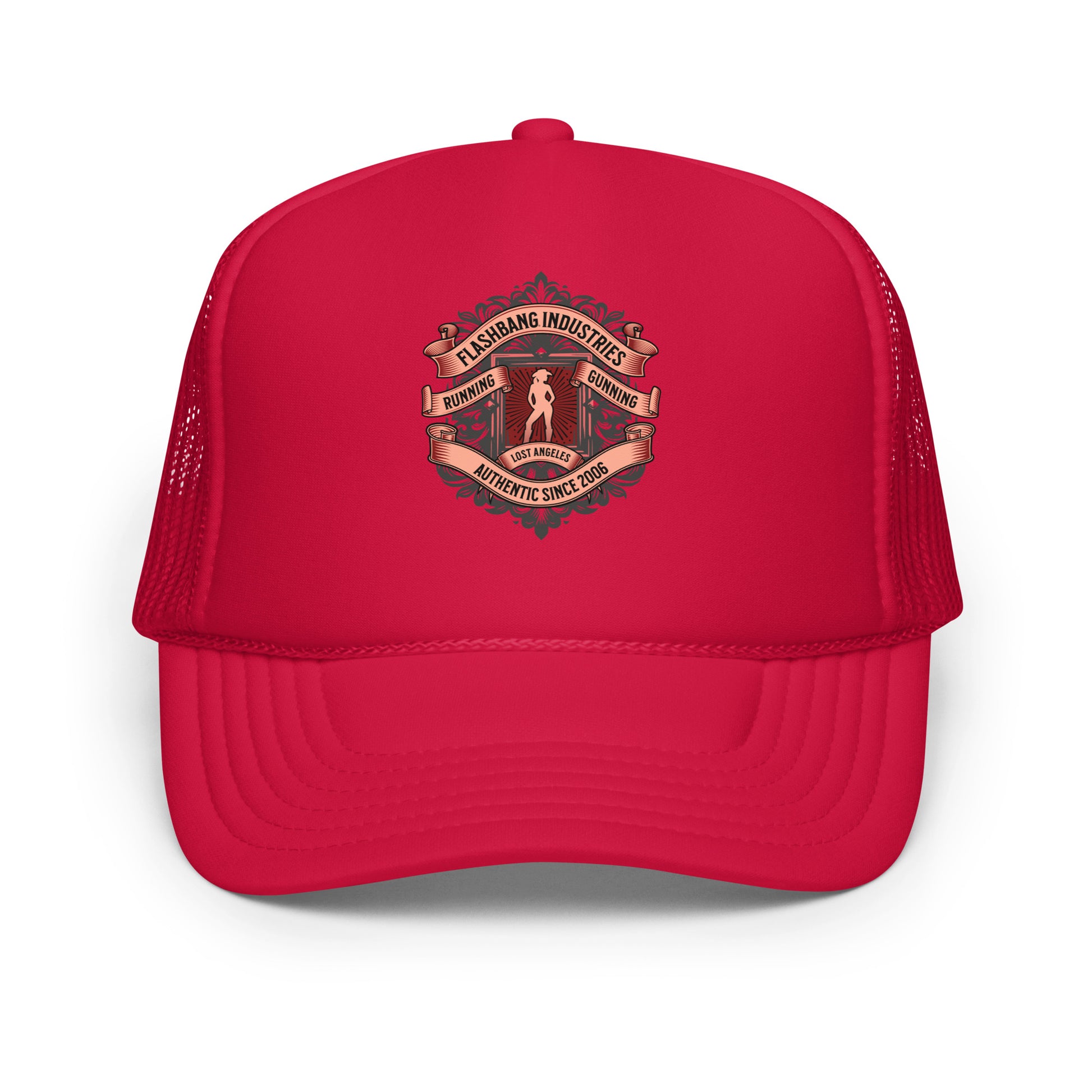 Red trucker hat with a logo on a white background