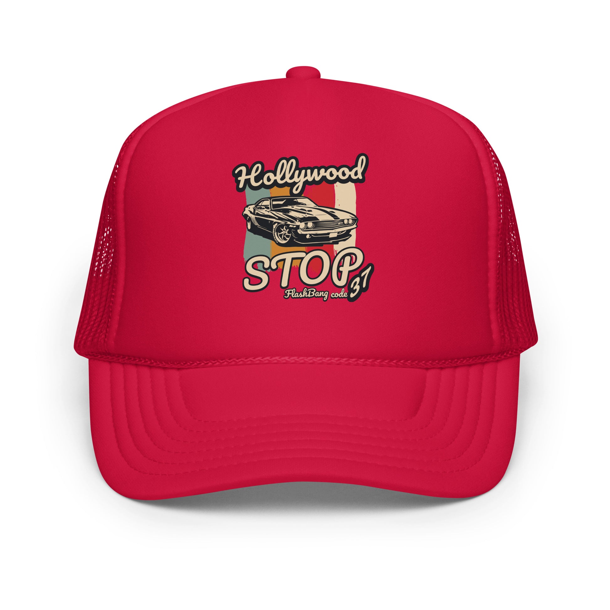 Red trucker hat with 'Hollywood Stop' graphic on a white background