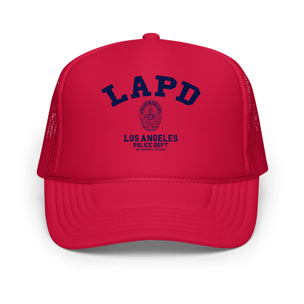 Red trucker hat with LAPD Los Angeles Police Dept text on a white background