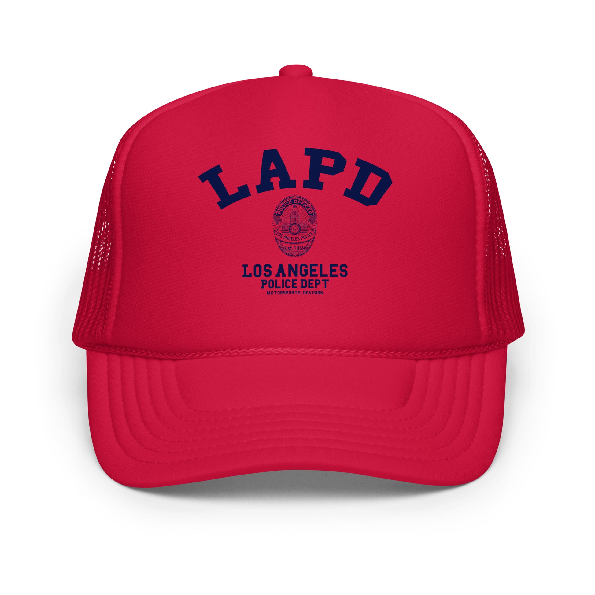 Red trucker hat with LAPD Los Angeles Police Dept text on a white background