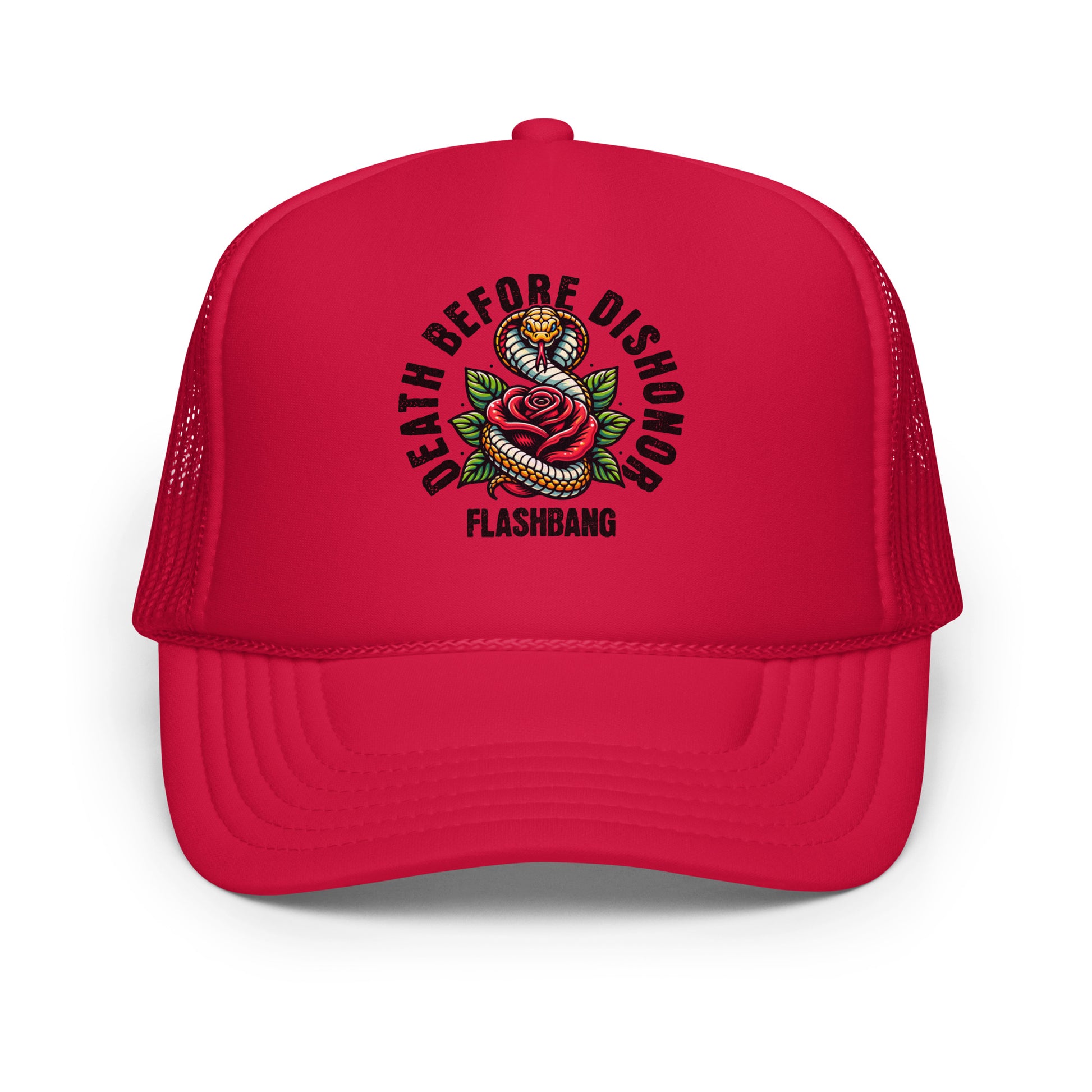Red cap with 'Death Before Dishonor Flashbang' design on a white background