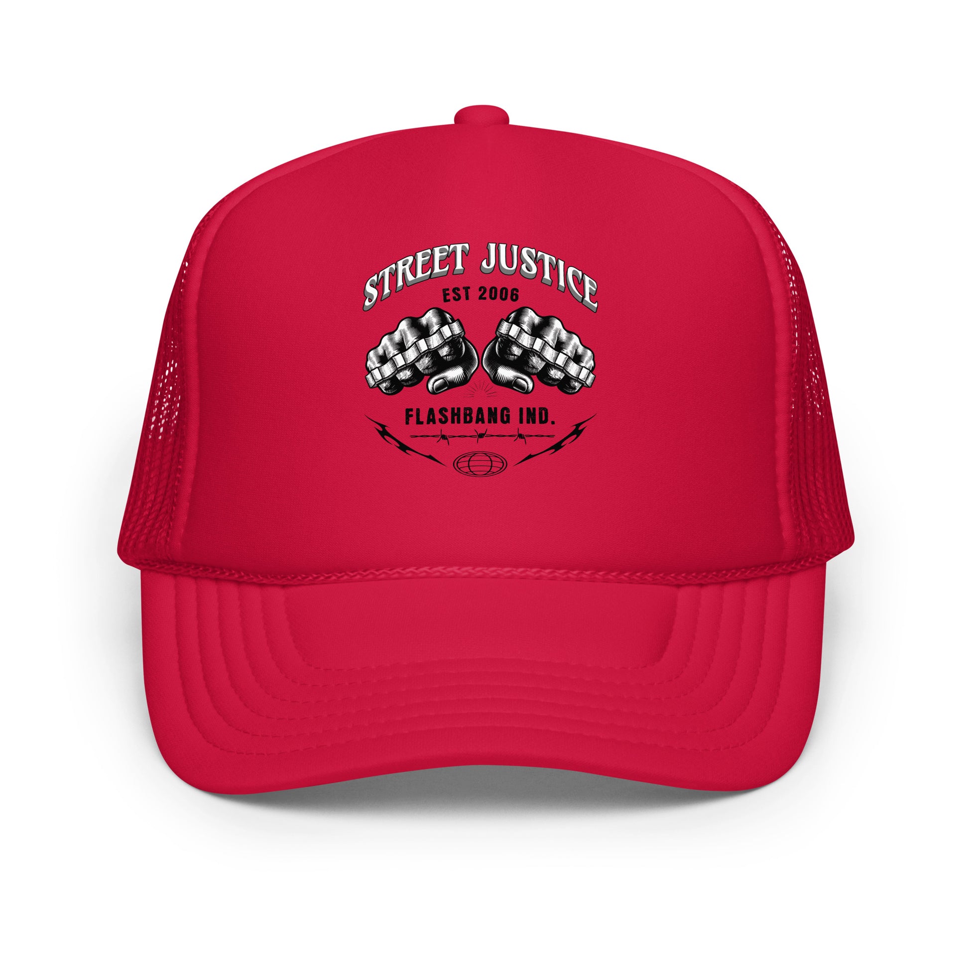 Red cap with 'Street Justice' and 'Flashbang Inc.' text and graphic on a white background