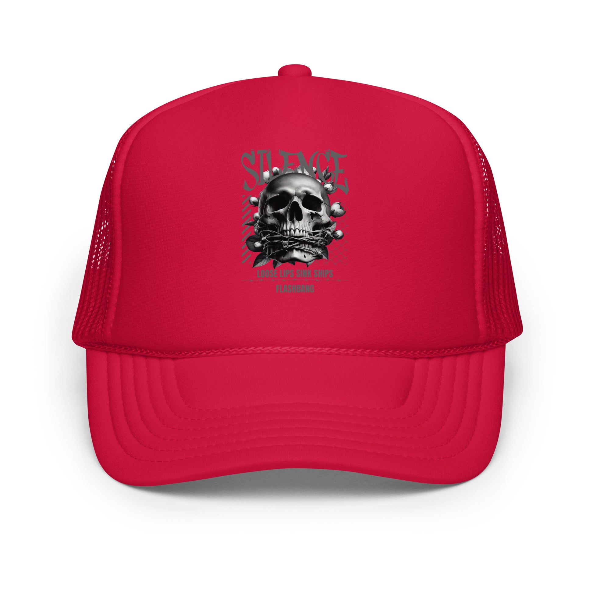 Red trucker hat with a black and white skull design on a white background