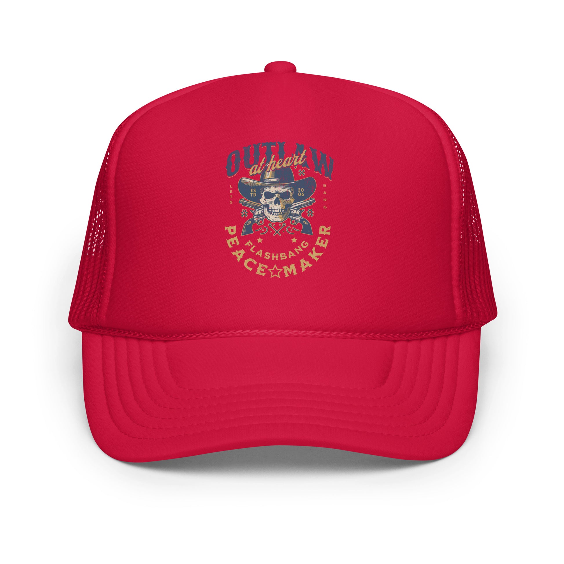 Red trucker hat with a graphic design on a white background